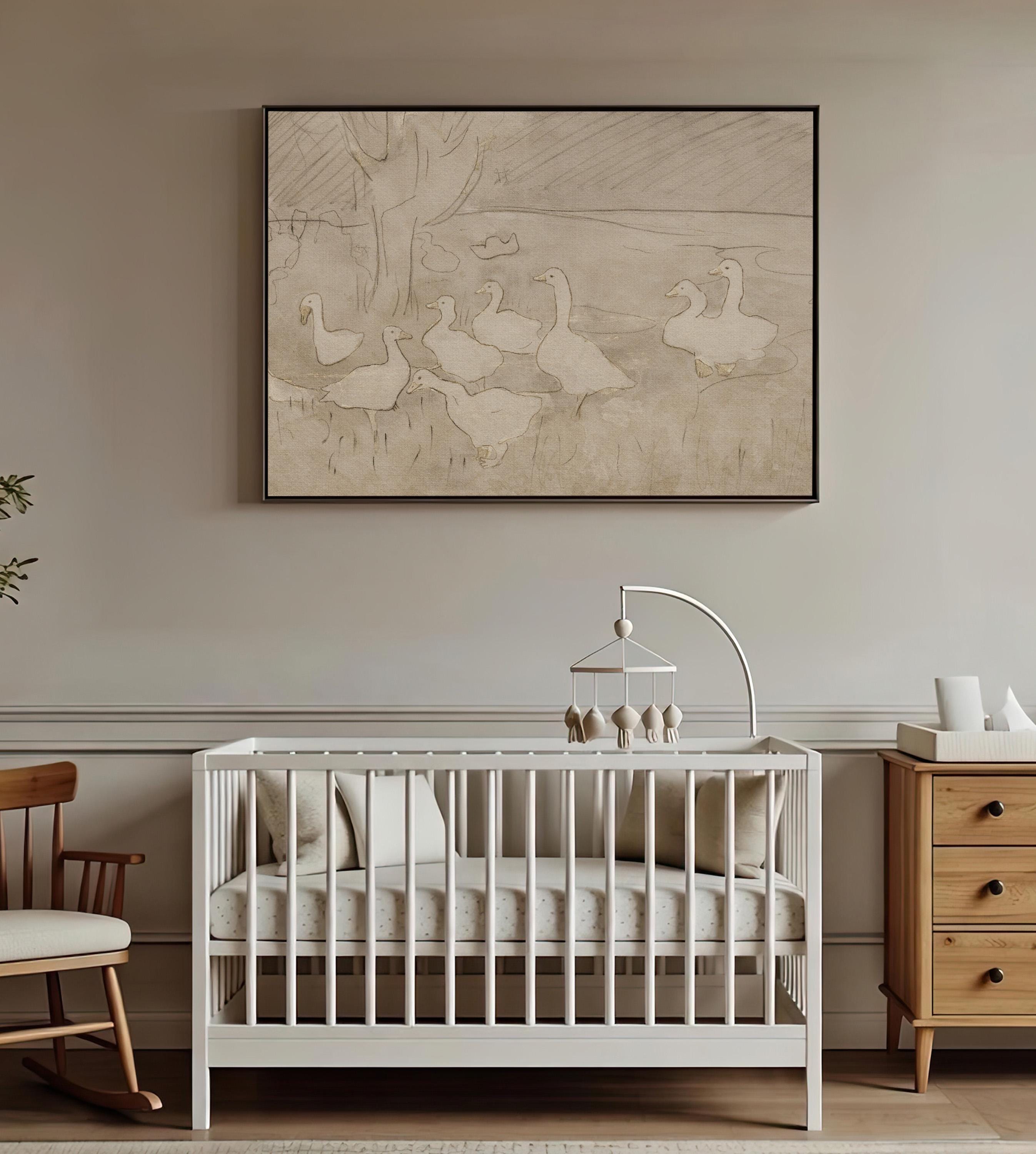 Vintage Goose Wall Art – Neutral Farm Nursery Decor – Beige Bird Print – Cottagecore Baby Room – French Country Nursery