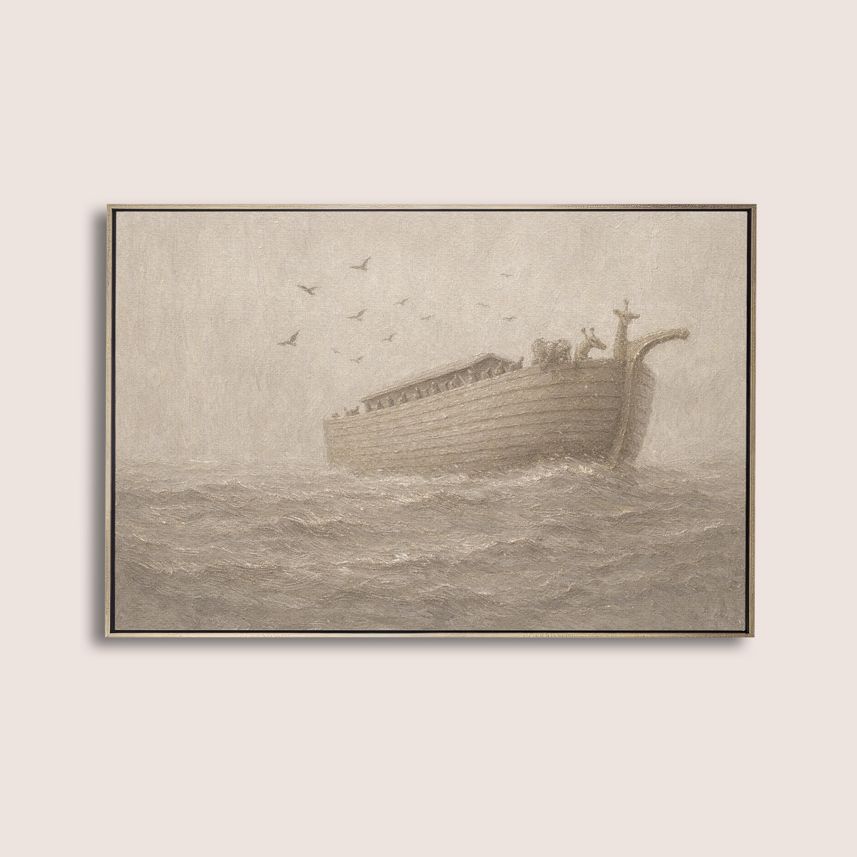 Noah’s Ark Nursery Wall Art – Neutral Christian Baby Room Decor – Vintage Bible Story Print – Beige Faith Nursery