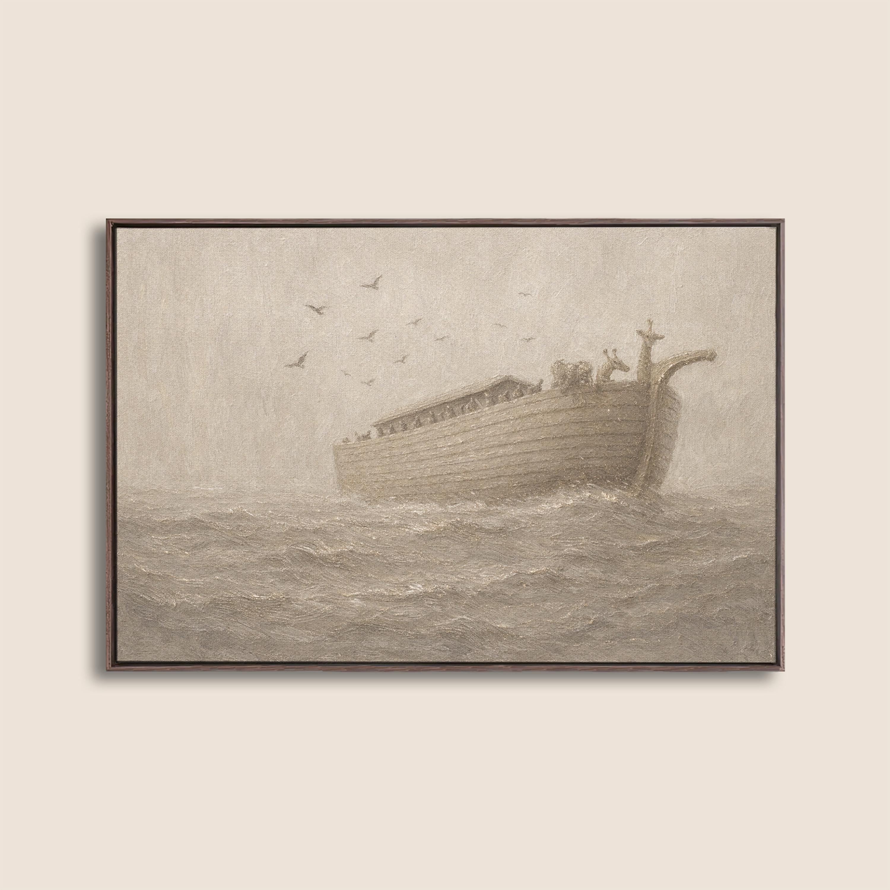 Noah’s Ark Nursery Wall Art – Neutral Christian Baby Room Decor – Vintage Bible Story Print – Beige Faith Nursery