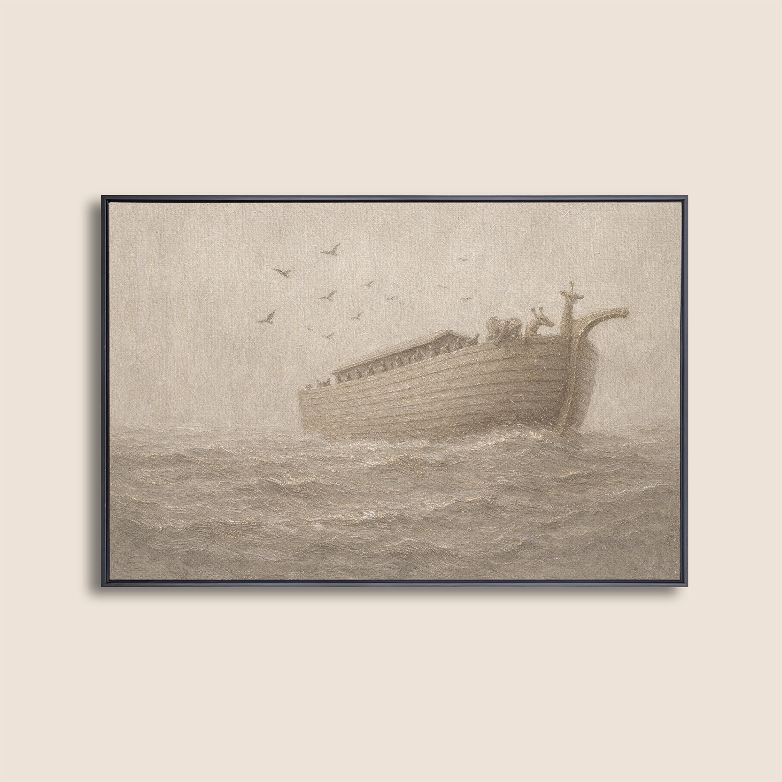 Noah’s Ark Nursery Wall Art – Neutral Christian Baby Room Decor – Vintage Bible Story Print – Beige Faith Nursery
