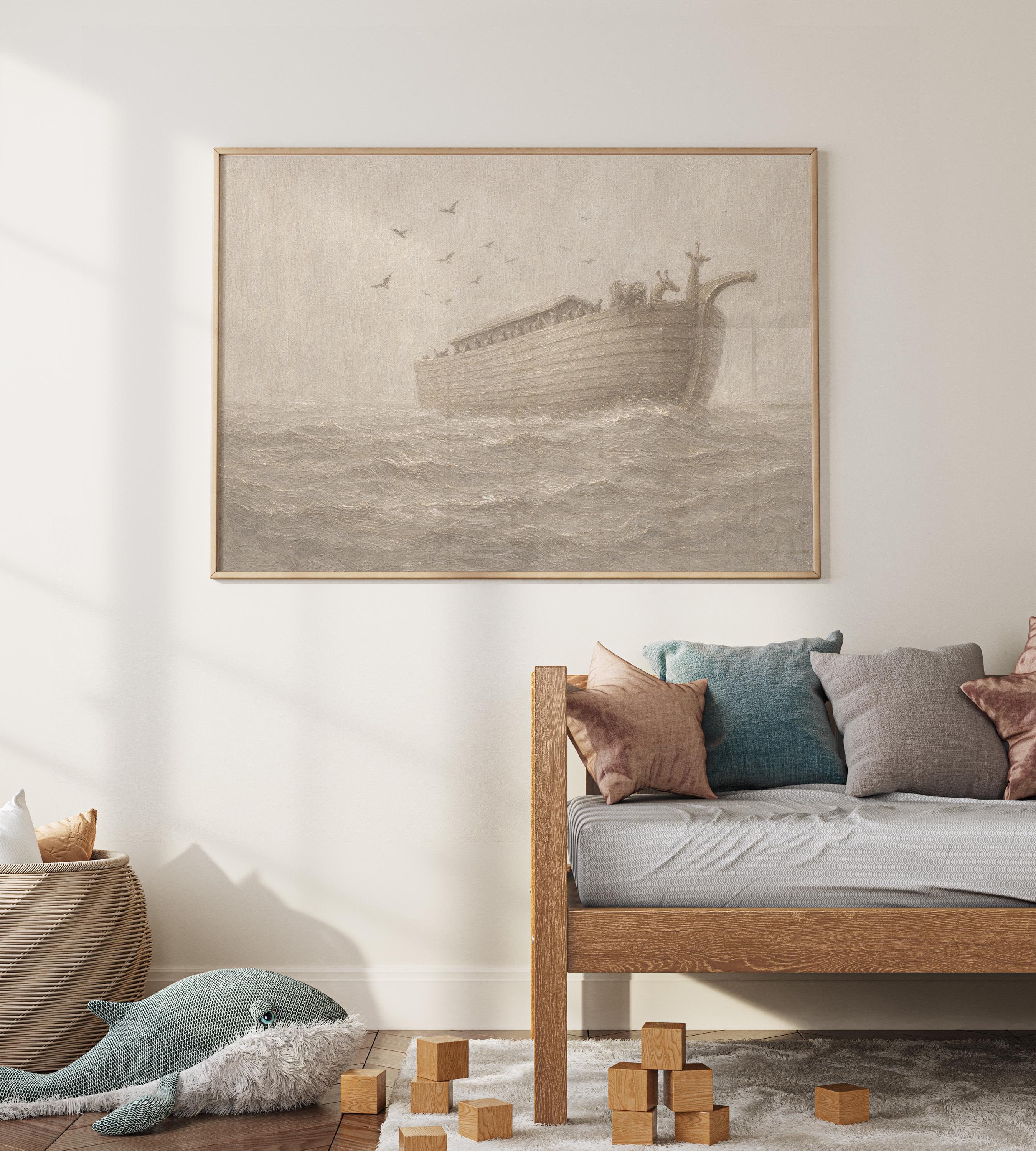 Noah’s Ark Nursery Wall Art – Neutral Christian Baby Room Decor – Vintage Bible Story Print – Beige Faith Nursery