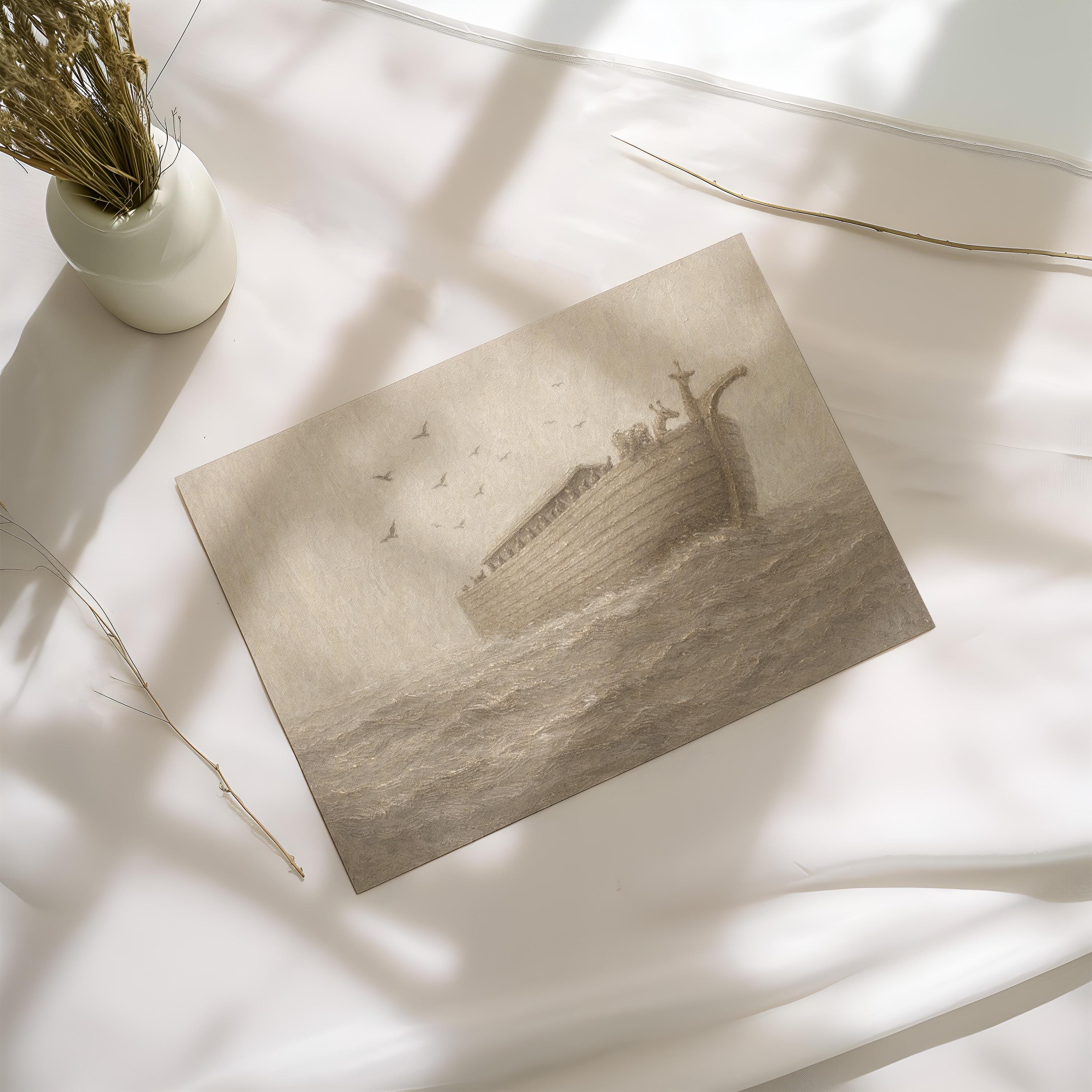 Noah’s Ark Nursery Wall Art – Neutral Christian Baby Room Decor – Vintage Bible Story Print – Beige Faith Nursery