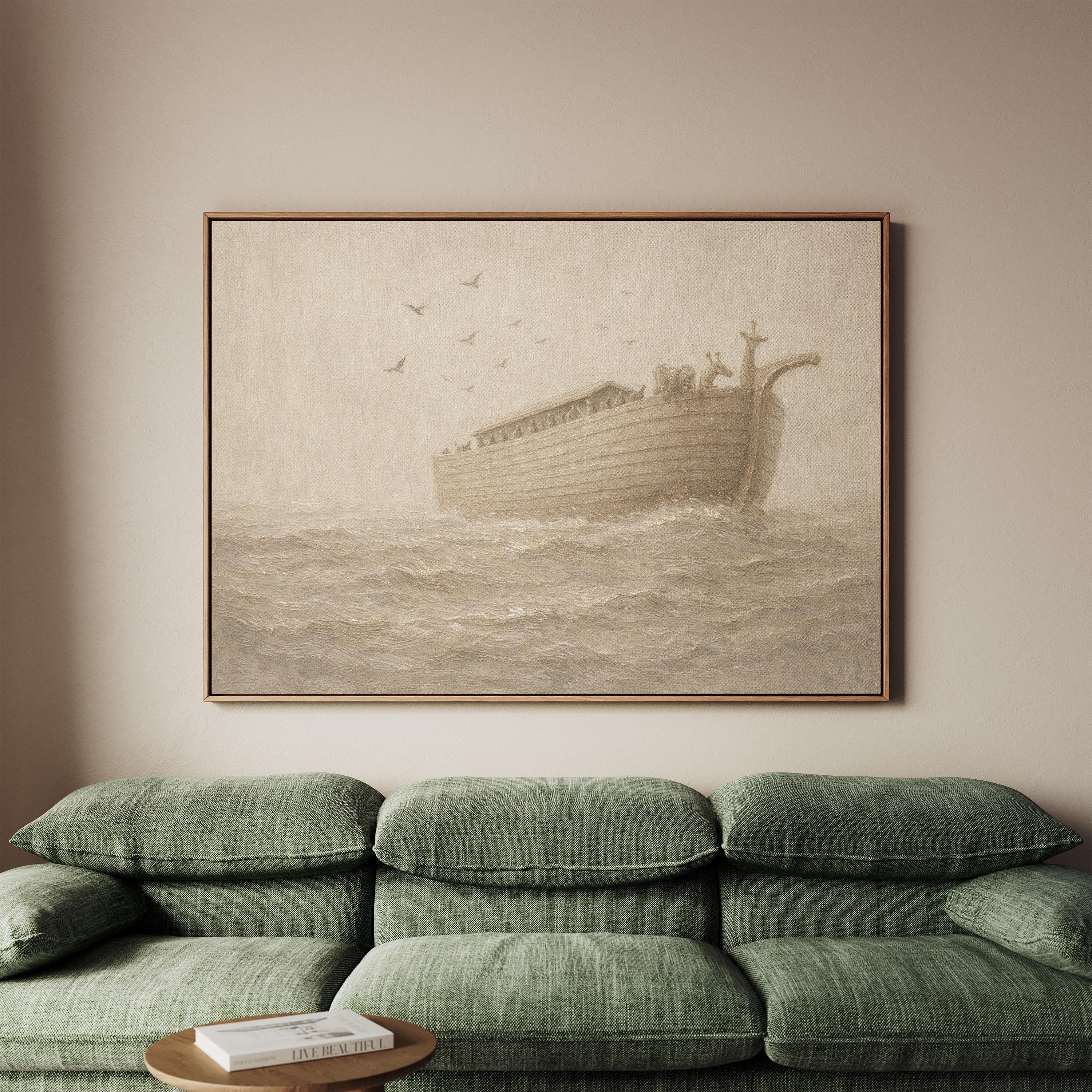 Noah’s Ark Nursery Wall Art – Neutral Christian Baby Room Decor – Vintage Bible Story Print – Beige Faith Nursery