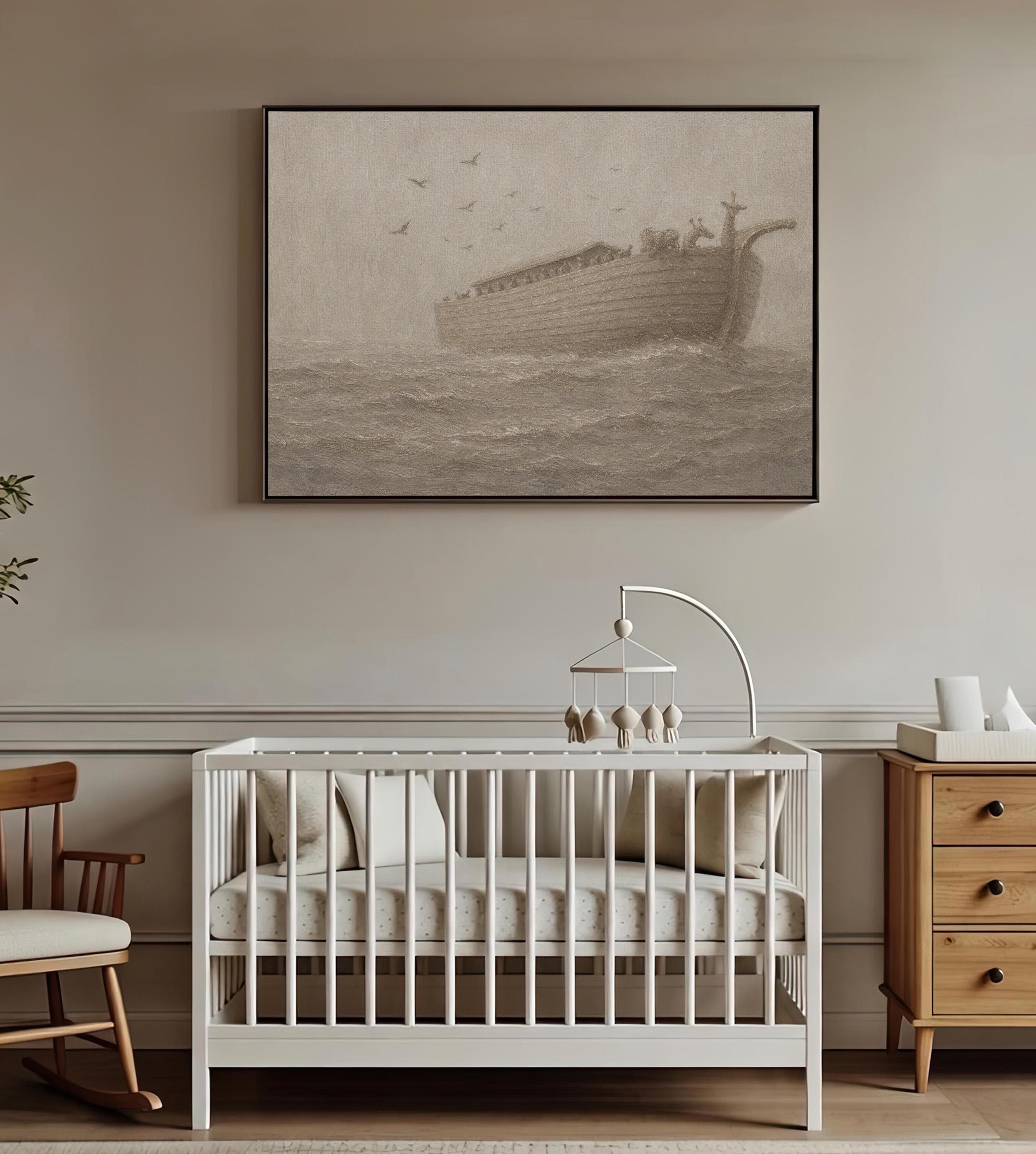 Noah’s Ark Nursery Wall Art – Neutral Christian Baby Room Decor – Vintage Bible Story Print – Beige Faith Nursery