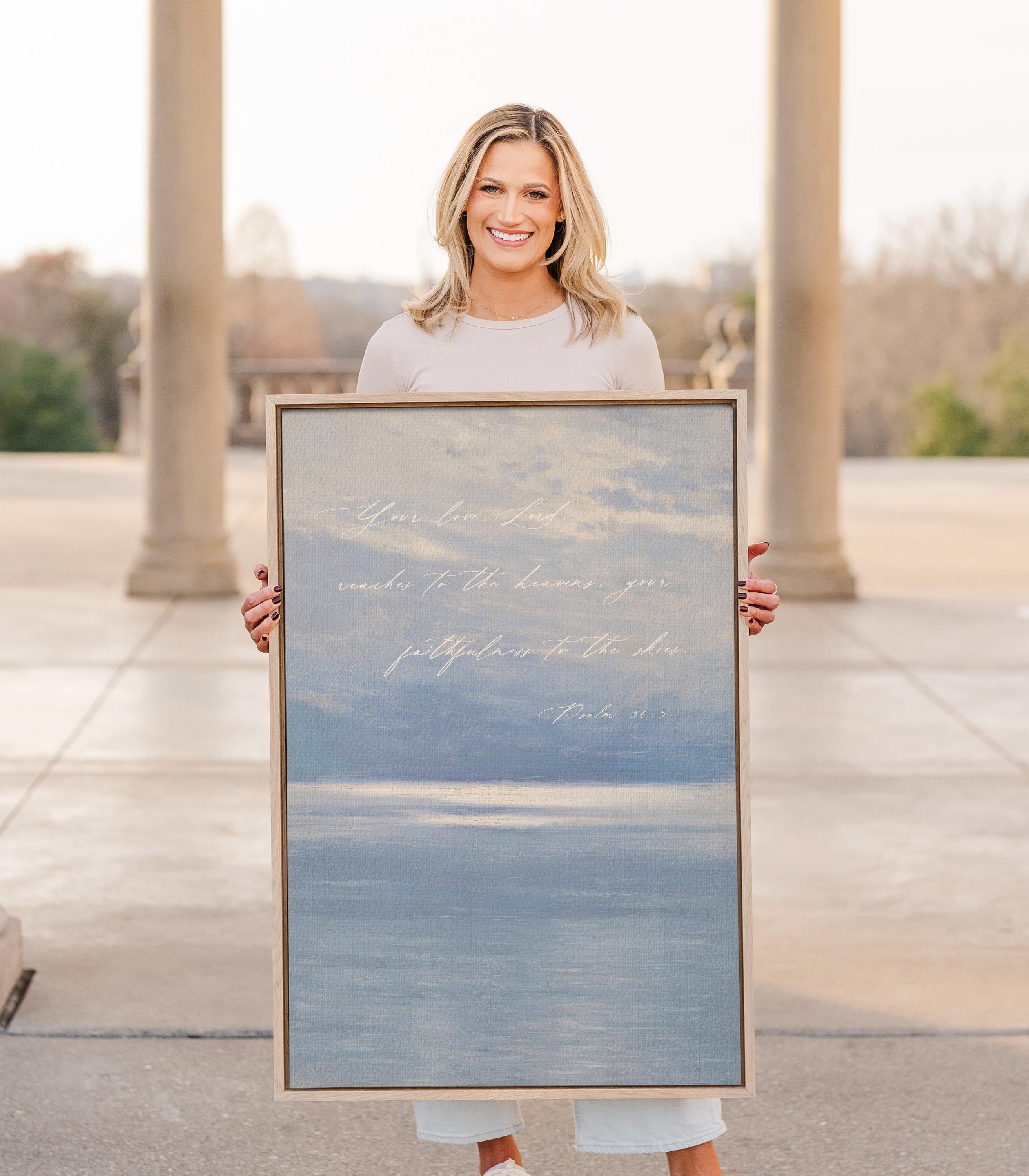 Psalm 36:5 Christian Wall Art | Your Love Reaches to the Heavens Print | Blue Coastal Scripture Decor | Neutral Faith Wall Art