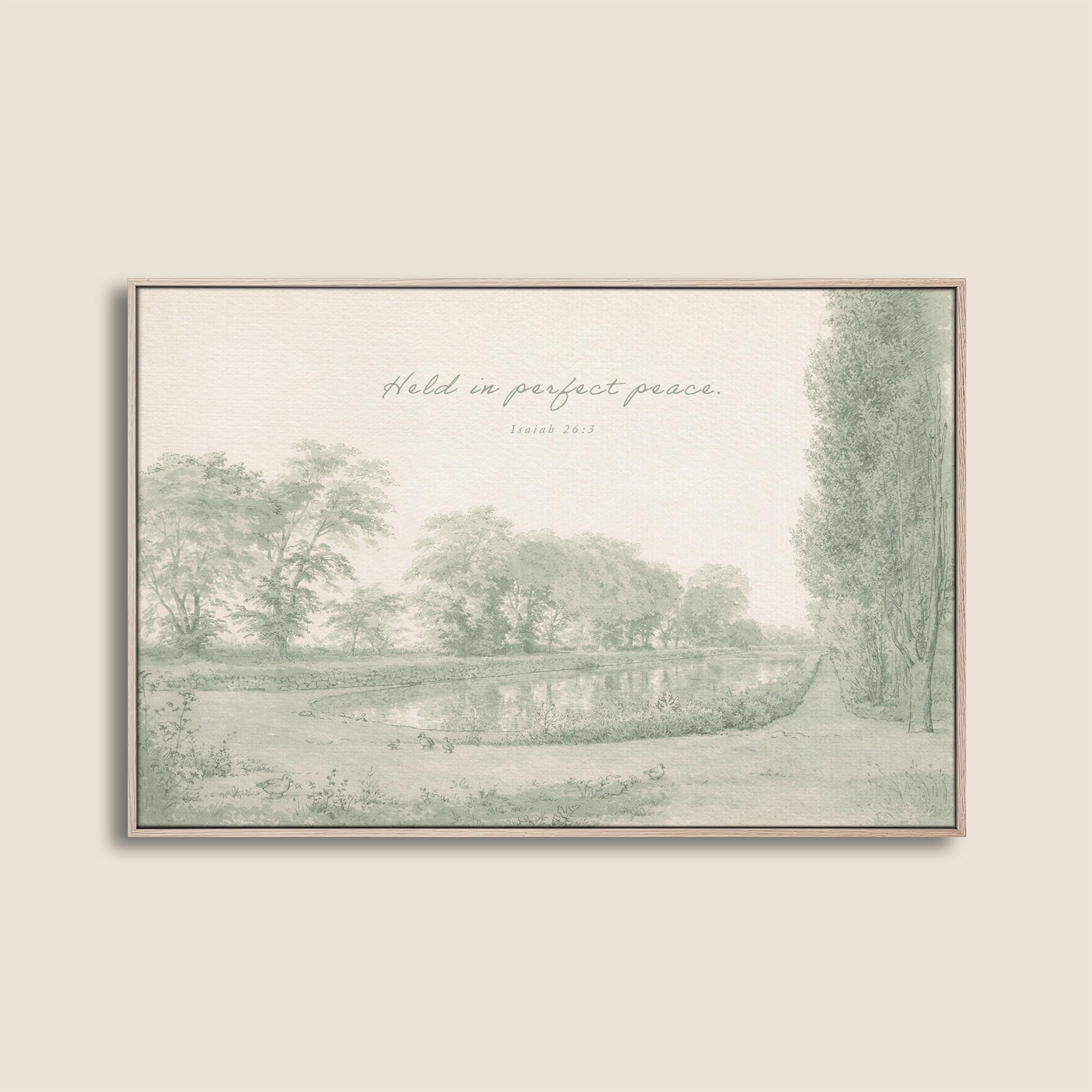 Held in Perfect Peace Nursery Wall Art | Isaiah 26:3 Christian Nursery Room Decor | Vintage Landscape Neutral Sage Print