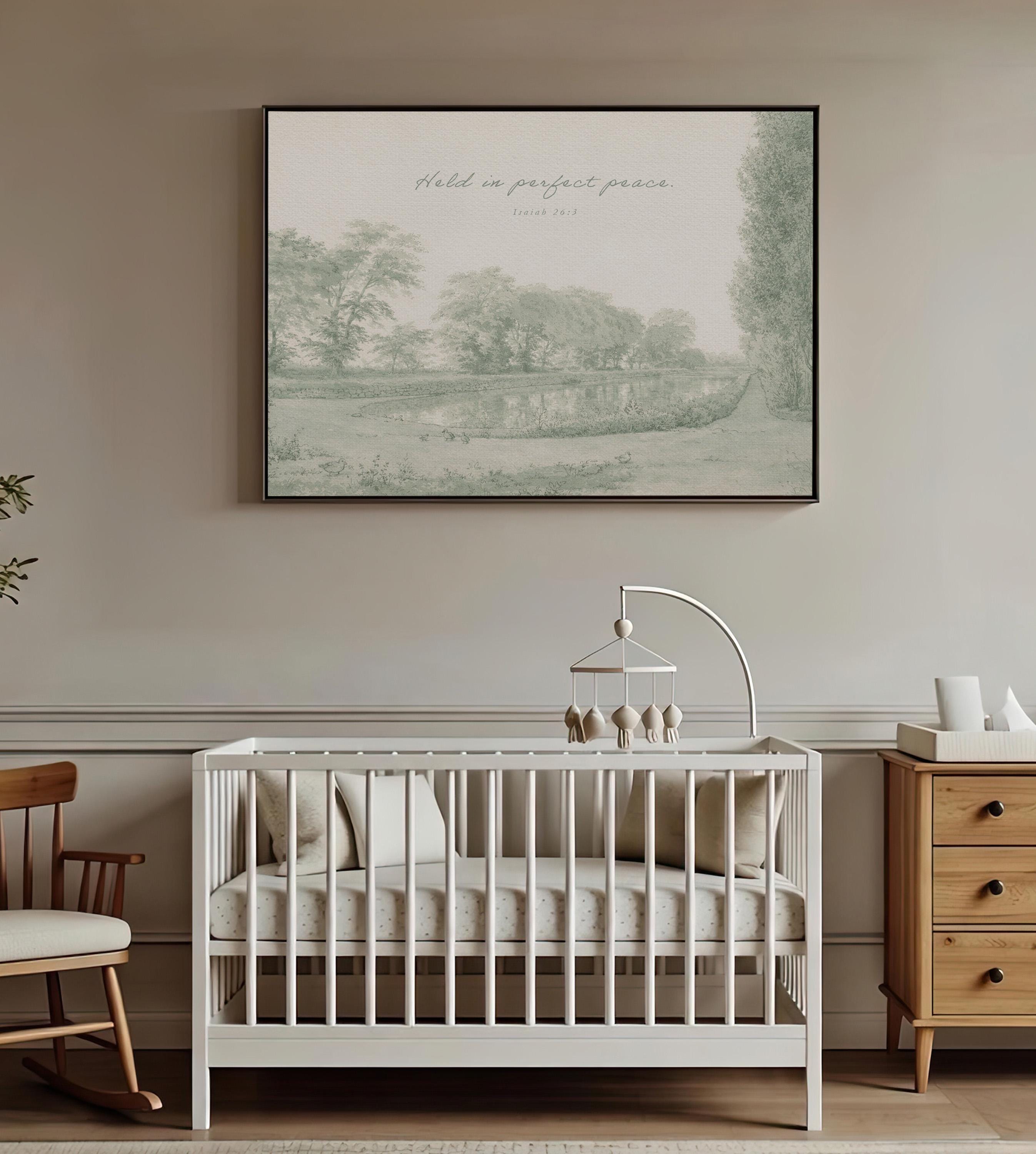 Held in Perfect Peace Nursery Wall Art | Isaiah 26:3 Christian Nursery Room Decor | Vintage Landscape Neutral Sage Print
