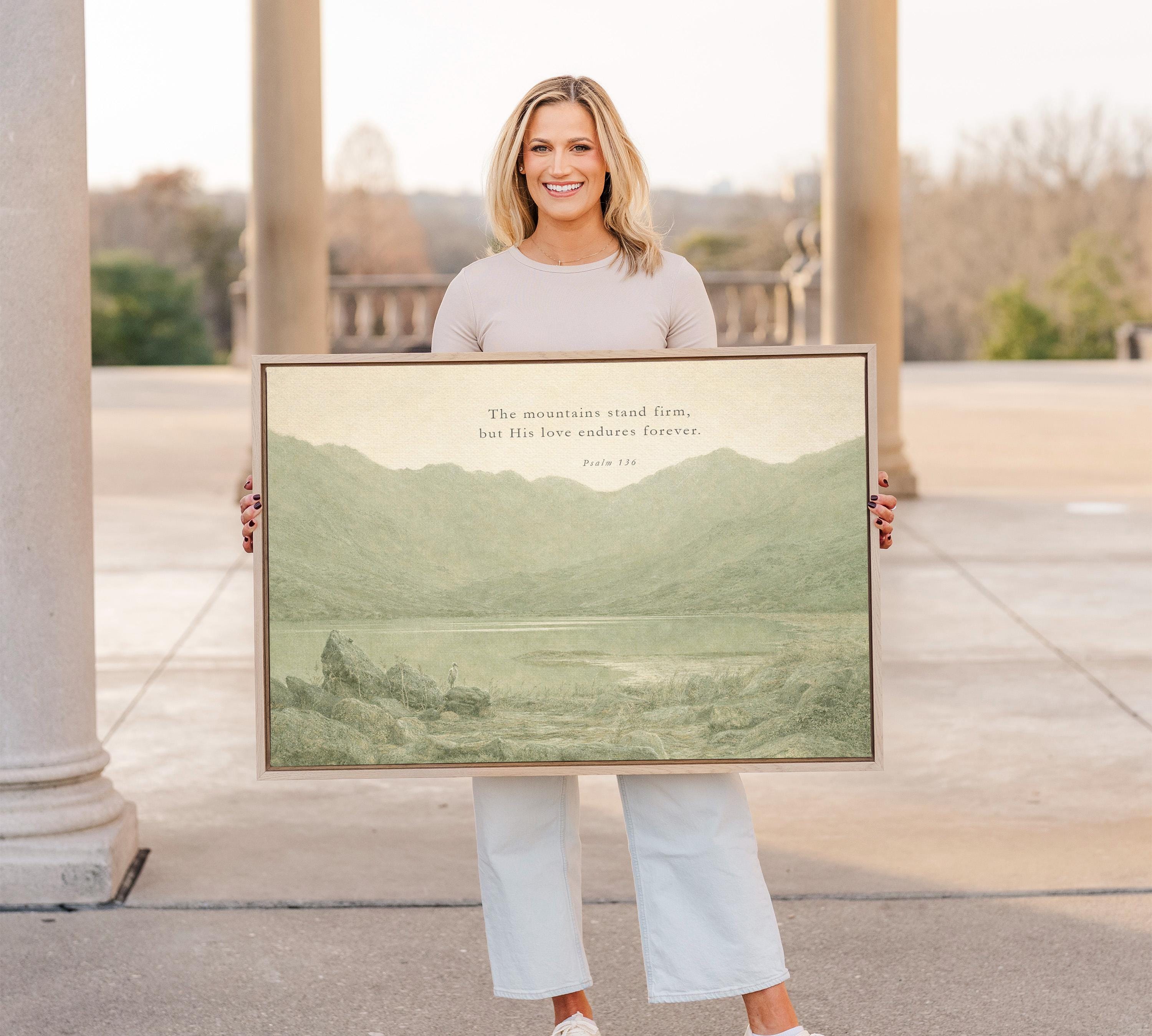 The Mountains Stand Firm Christian Wall Art | Psalm 136 Scripture Print | Neutral Green Landscape Faith Home Decor