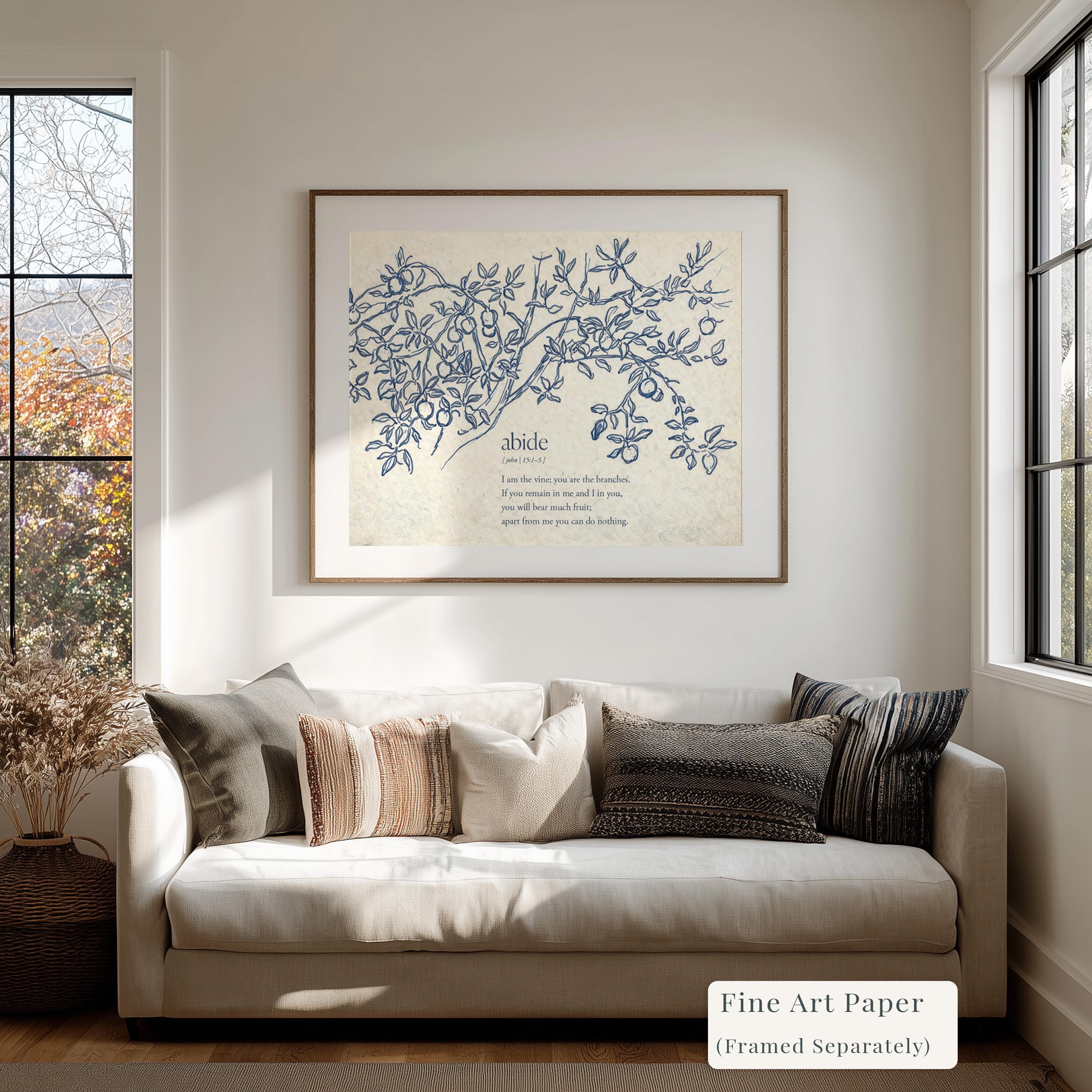 John 15:5 Abide in Me Print – Neutral Christian Wall Art – Vintage Vine Botanical Scripture – Faith Based Farmhouse Home Decor