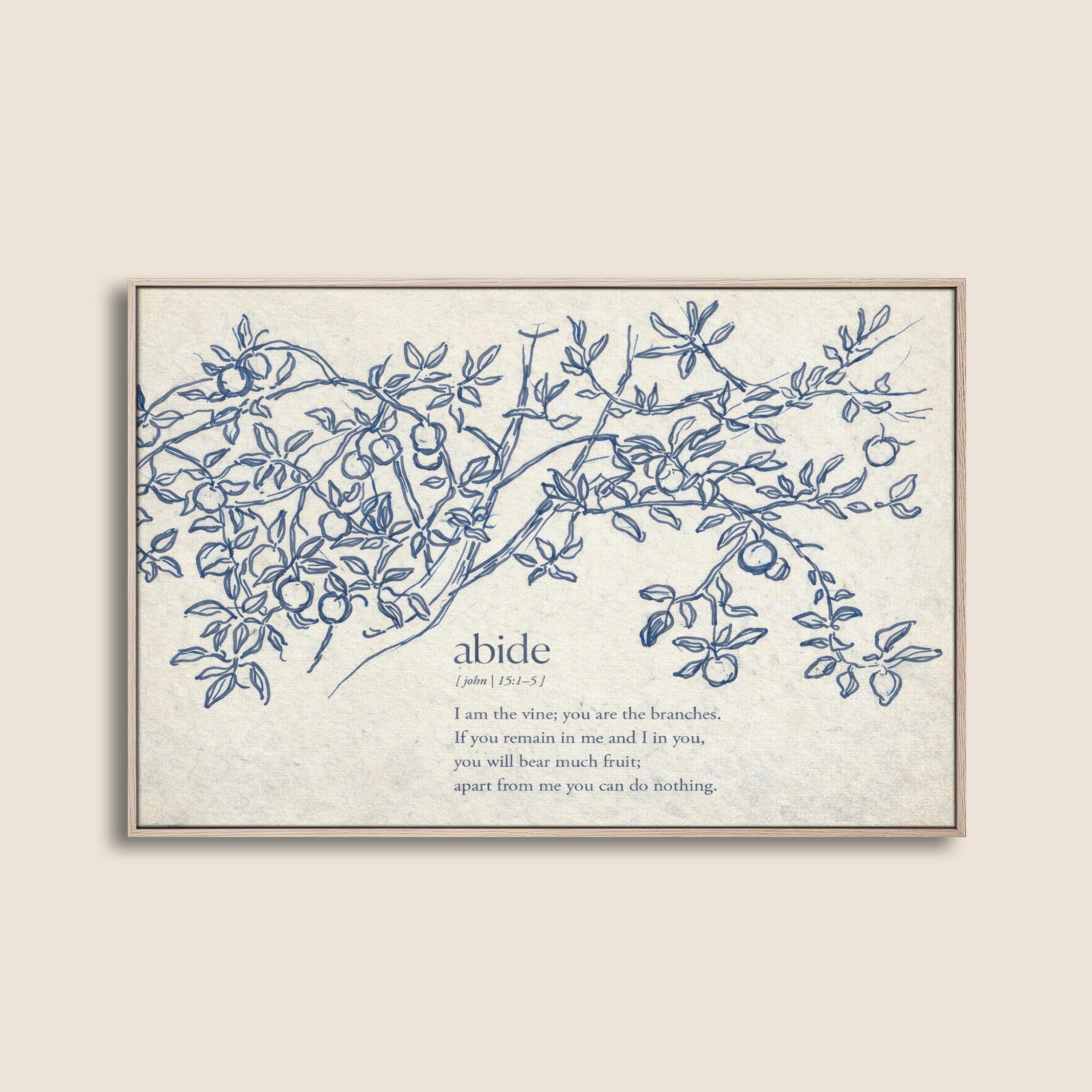 John 15:5 Abide in Me Print – Neutral Christian Wall Art – Vintage Vine Botanical Scripture – Faith Based Farmhouse Home Decor