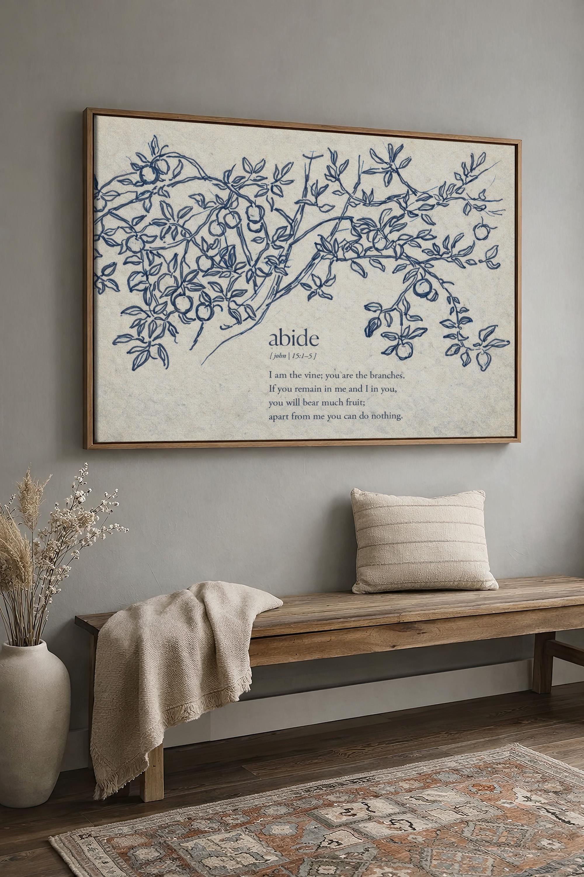 John 15:5 Abide in Me Print – Neutral Christian Wall Art – Vintage Vine Botanical Scripture – Faith Based Farmhouse Home Decor