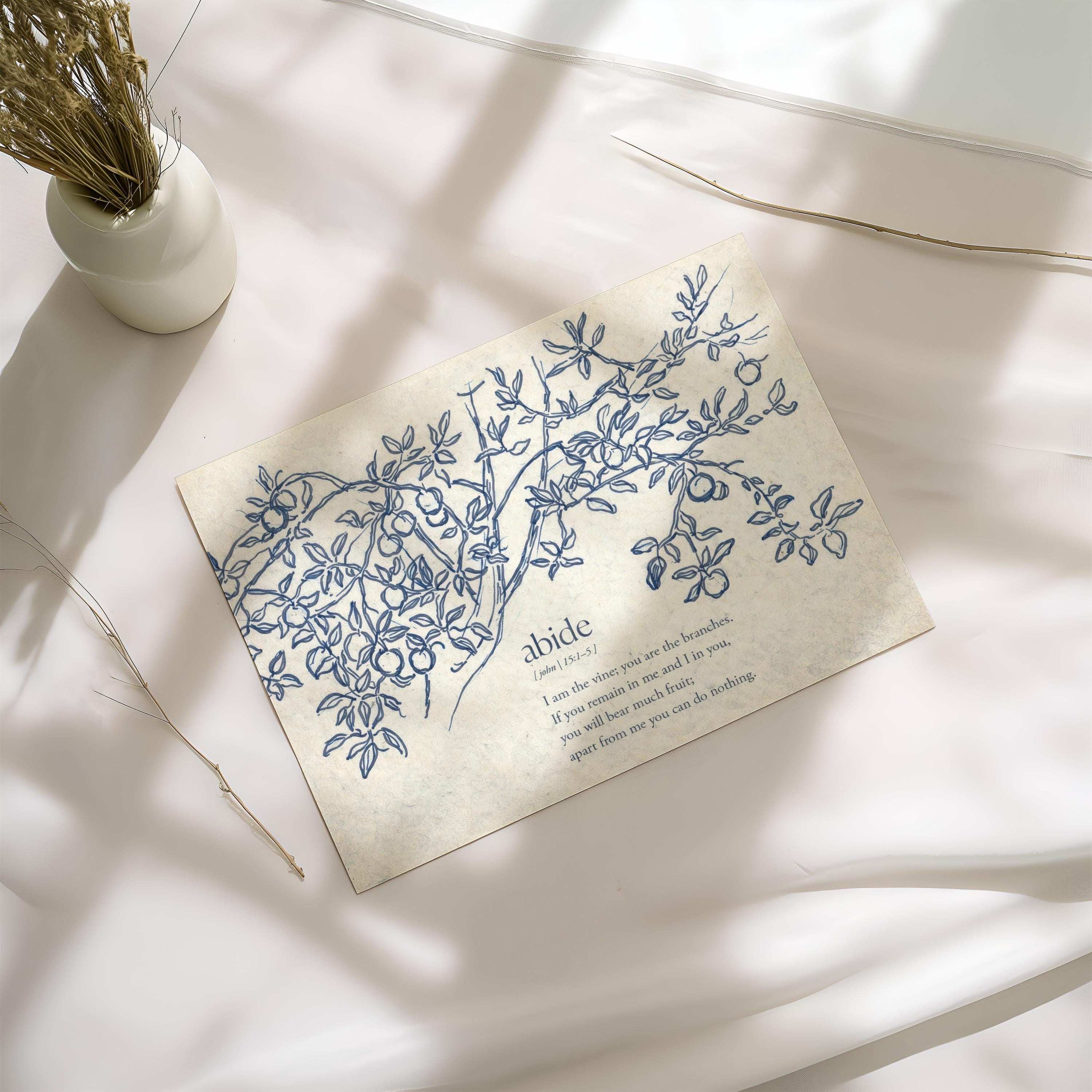 John 15:5 Abide in Me Print – Neutral Christian Wall Art – Vintage Vine Botanical Scripture – Faith Based Farmhouse Home Decor