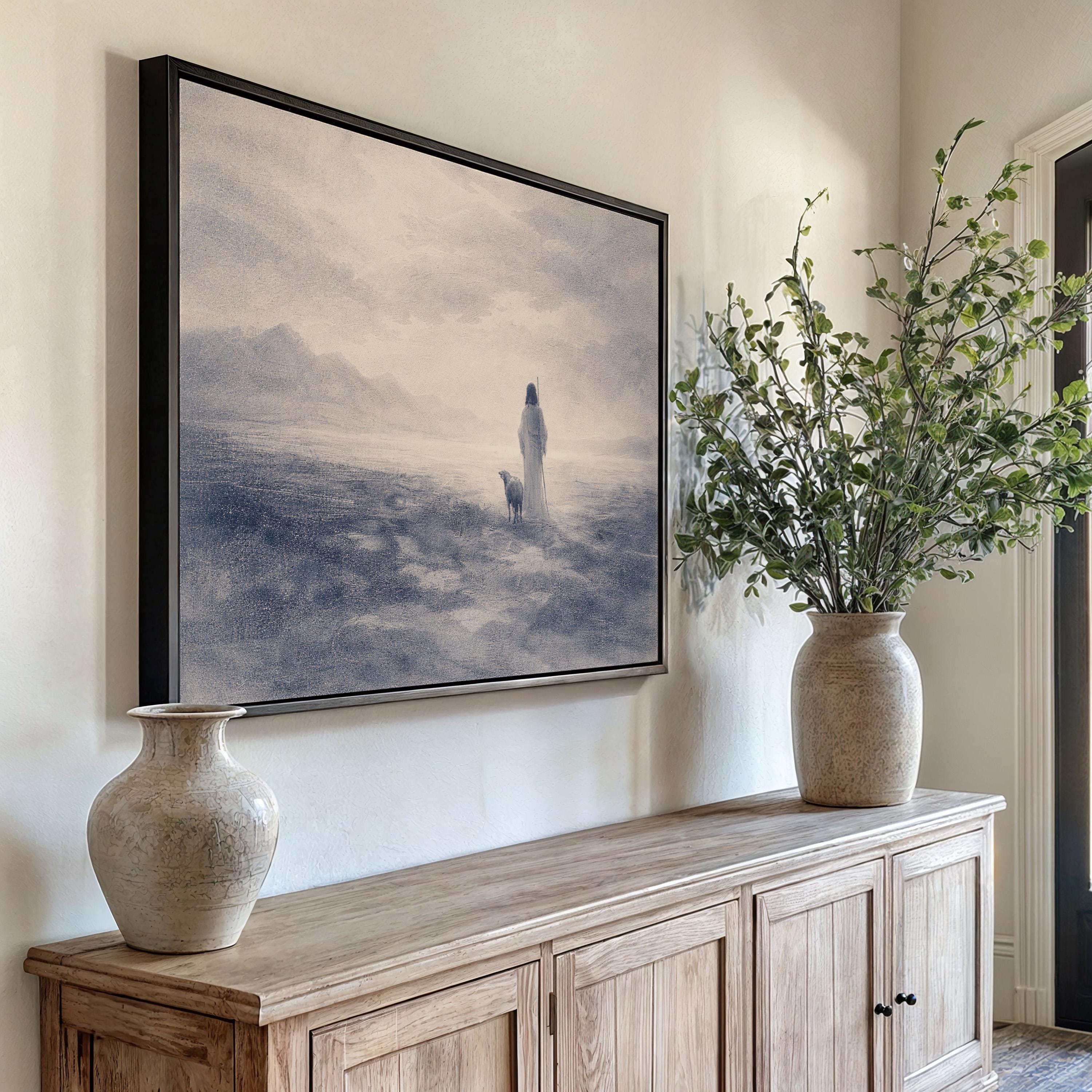 Good Shepherd Wall Art – Jesus Print – Neutral Christian Wall Decor – Psalm 23 Inspired Faith Artwork – Vintage Biblical Farmhouse Art