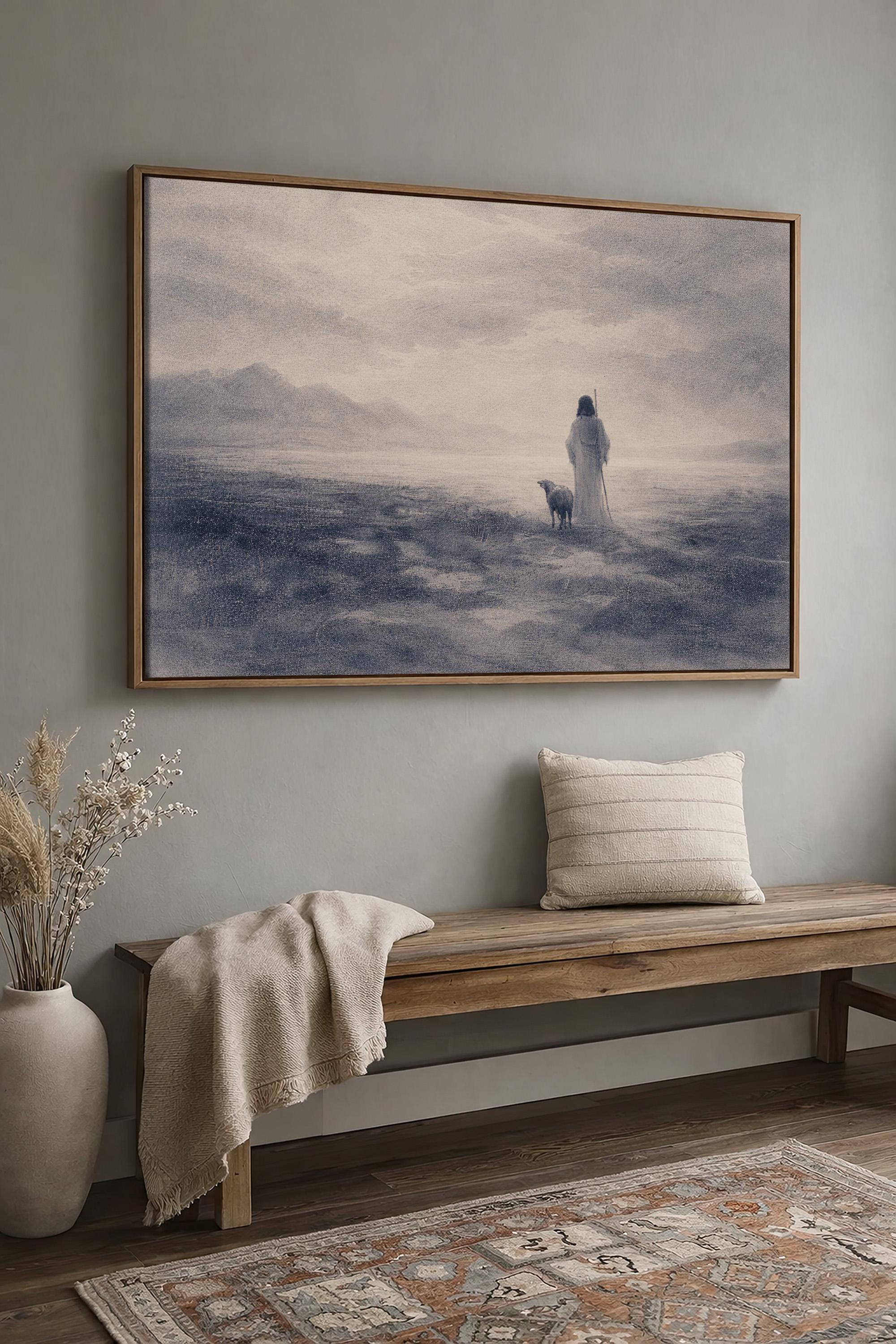 Good Shepherd Wall Art – Jesus Print – Neutral Christian Wall Decor – Psalm 23 Inspired Faith Artwork – Vintage Biblical Farmhouse Art