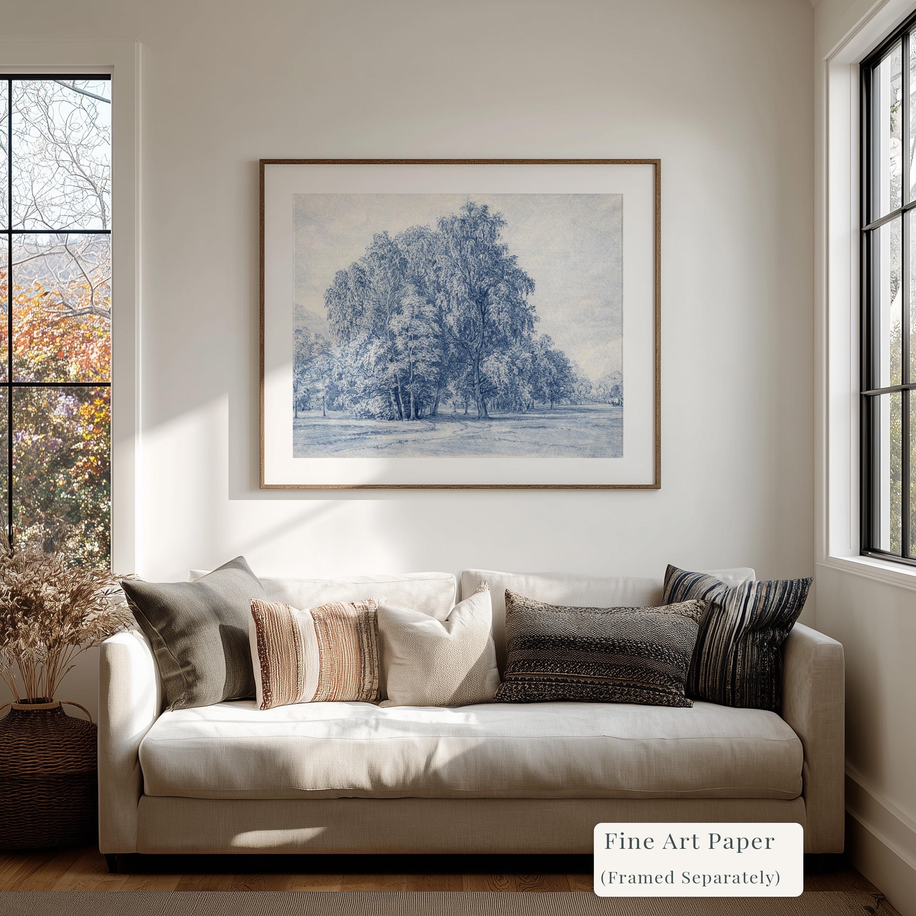 Blue Vintage Landscape Wall Art – Neutral French Country Tree Print – Moody Farmhouse Wall Decor – Classic European Pastoral Artwork