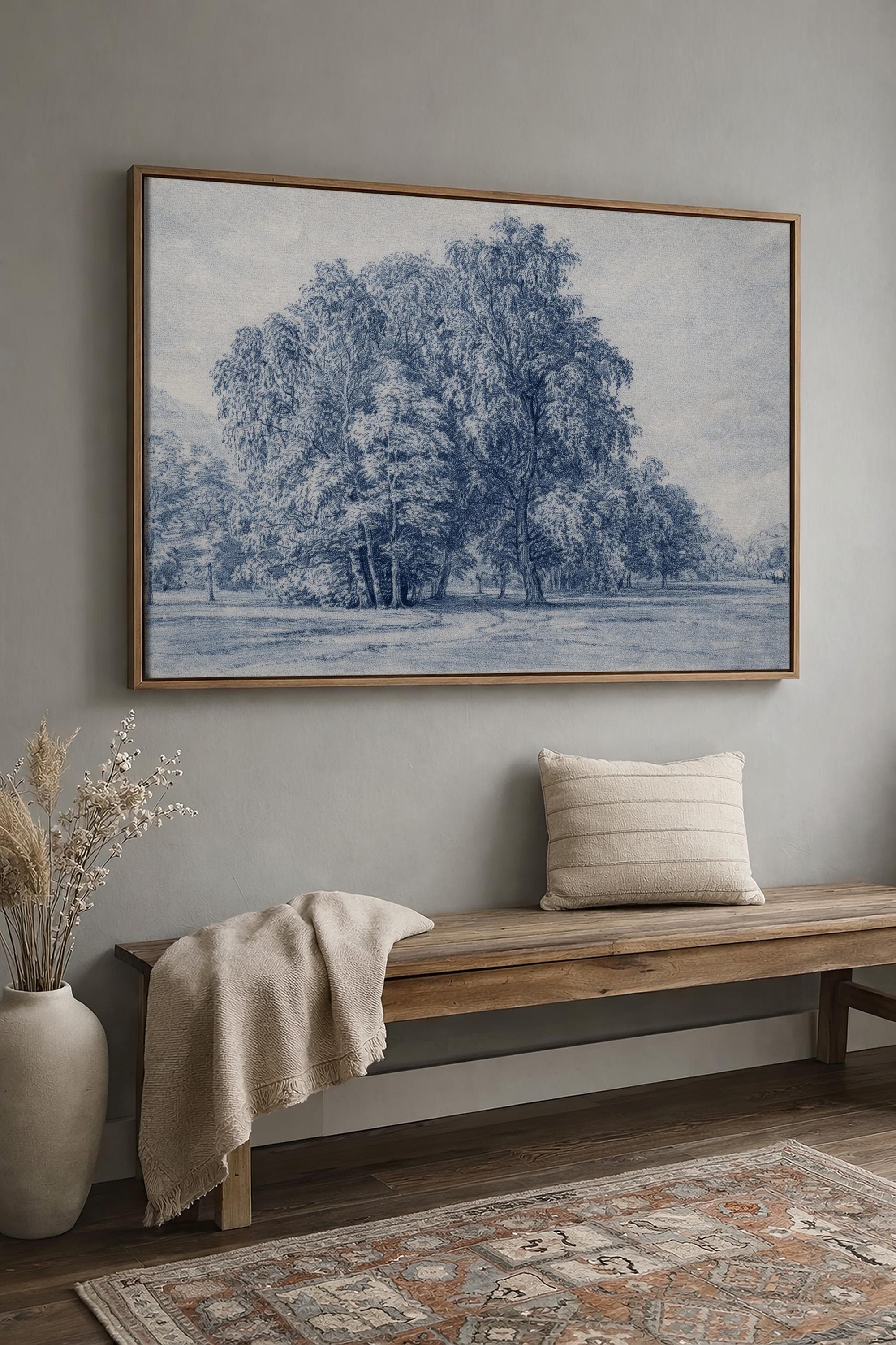 Blue Vintage Landscape Wall Art – Neutral French Country Tree Print – Moody Farmhouse Wall Decor – Classic European Pastoral Artwork