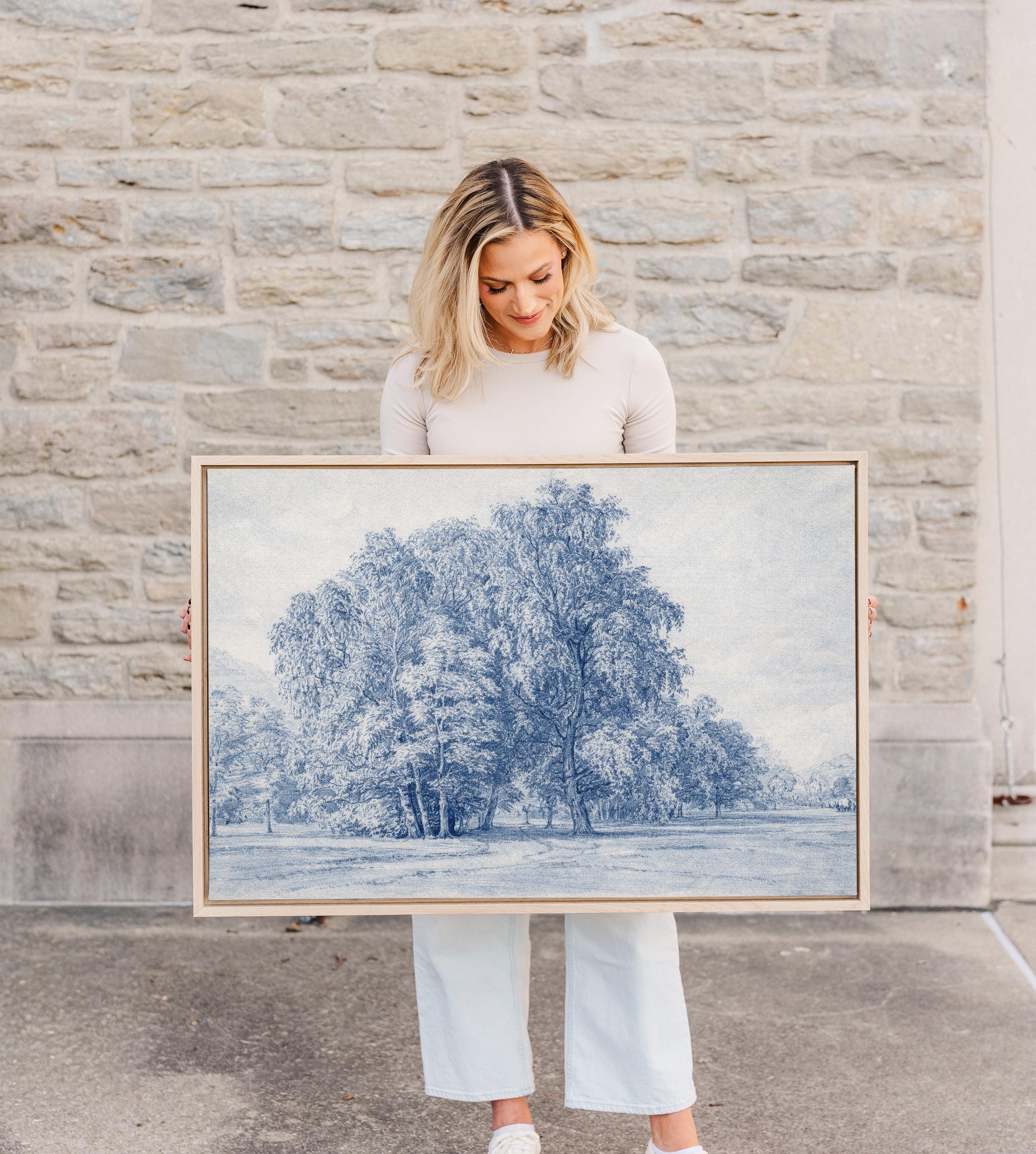 Blue Vintage Landscape Wall Art – Neutral French Country Tree Print – Moody Farmhouse Wall Decor – Classic European Pastoral Artwork