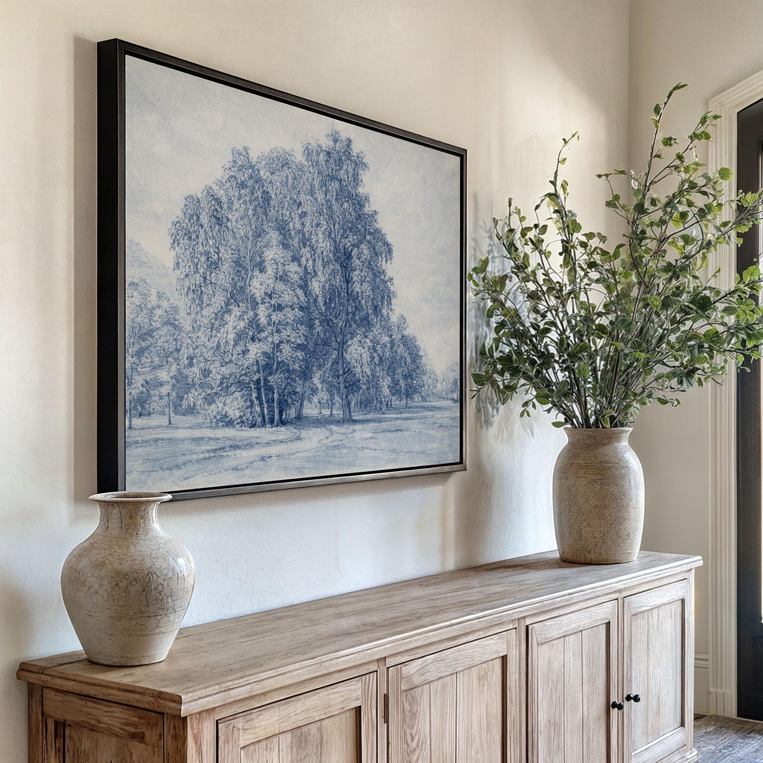 Blue Vintage Landscape Wall Art – Neutral French Country Tree Print – Moody Farmhouse Wall Decor – Classic European Pastoral Artwork