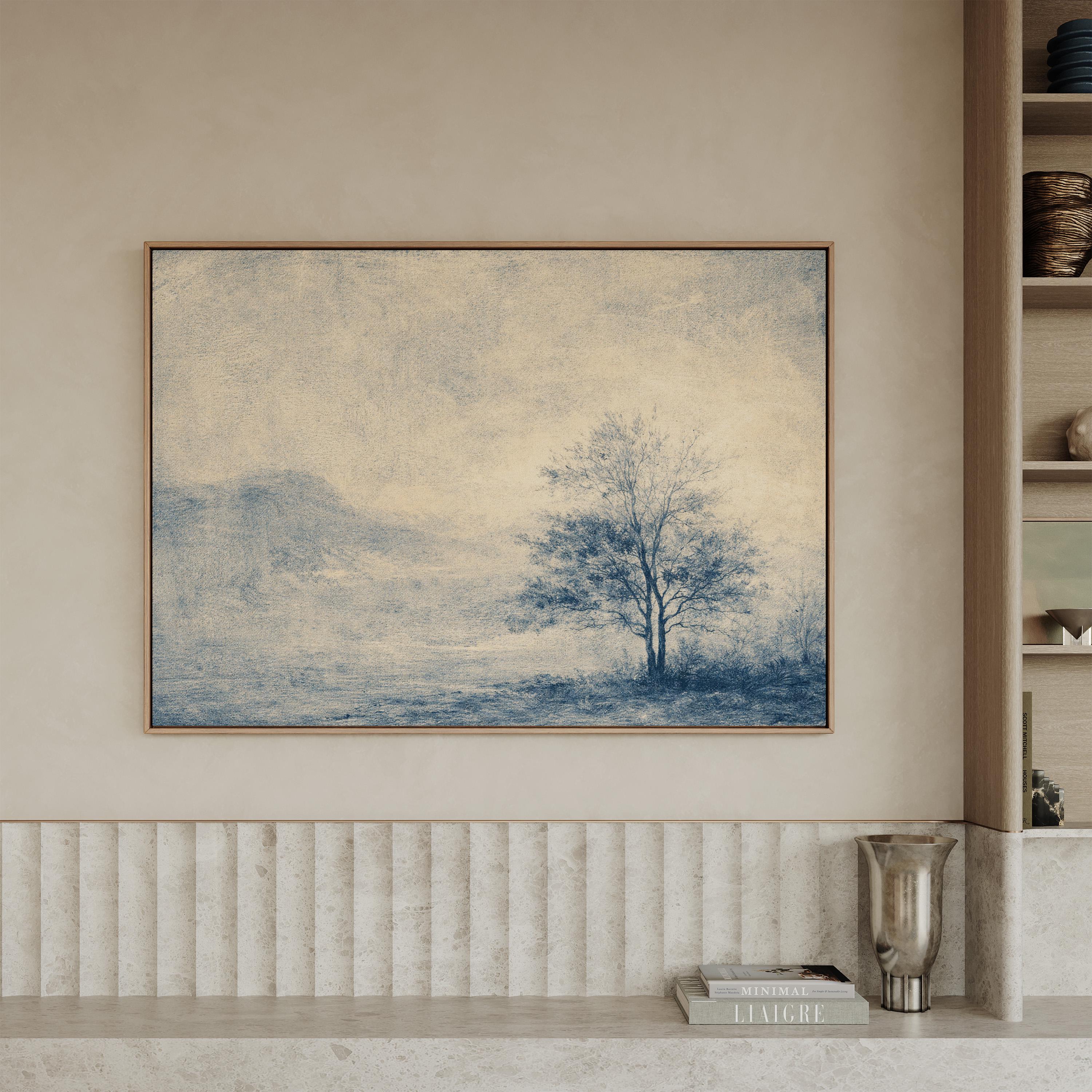 Blue Landscape Wall Art Print, Neutral Wall Decor for Living Room, Vintage Minimalist Canvas Art
