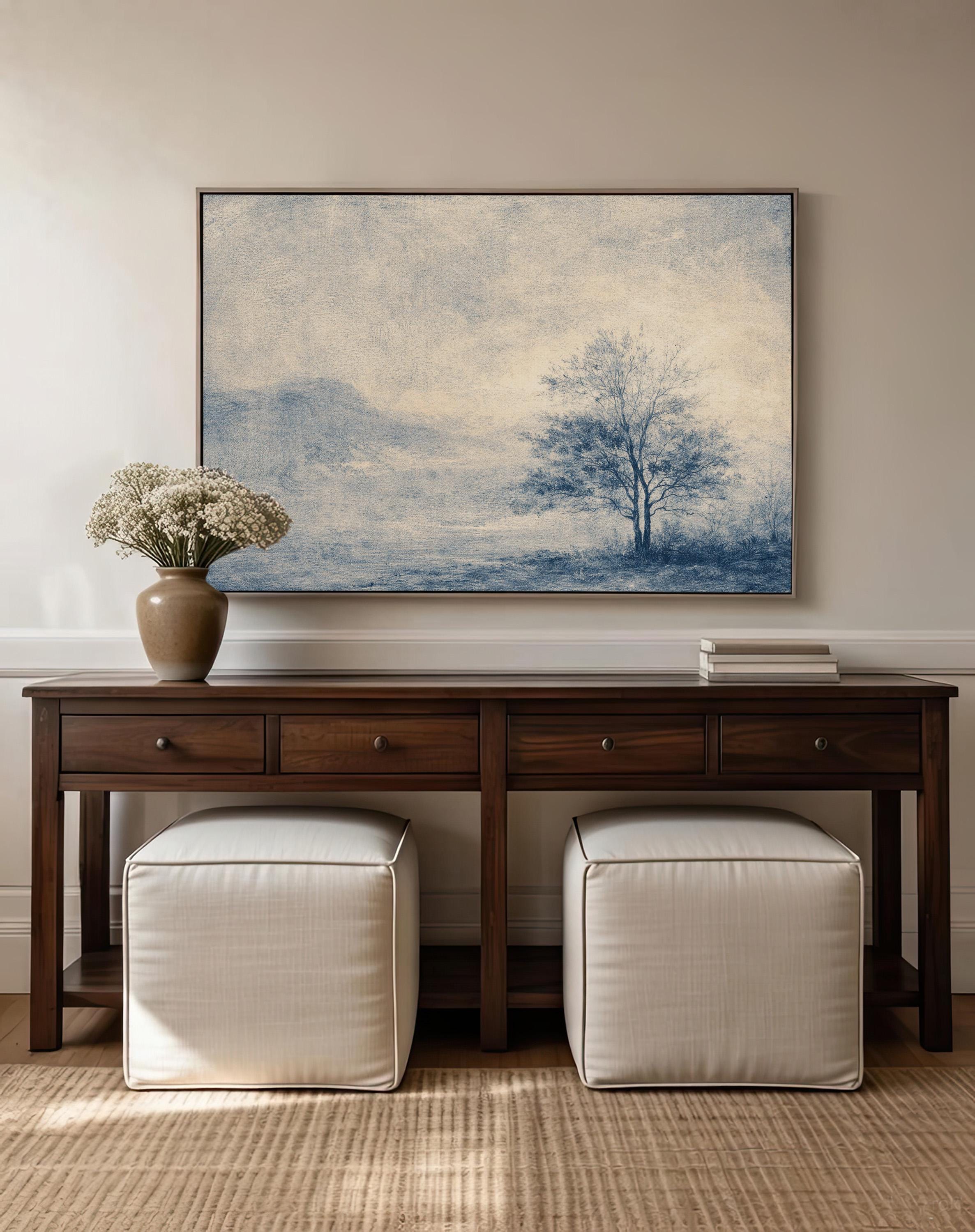 Blue Landscape Wall Art Print, Neutral Wall Decor for Living Room, Vintage Minimalist Canvas Art