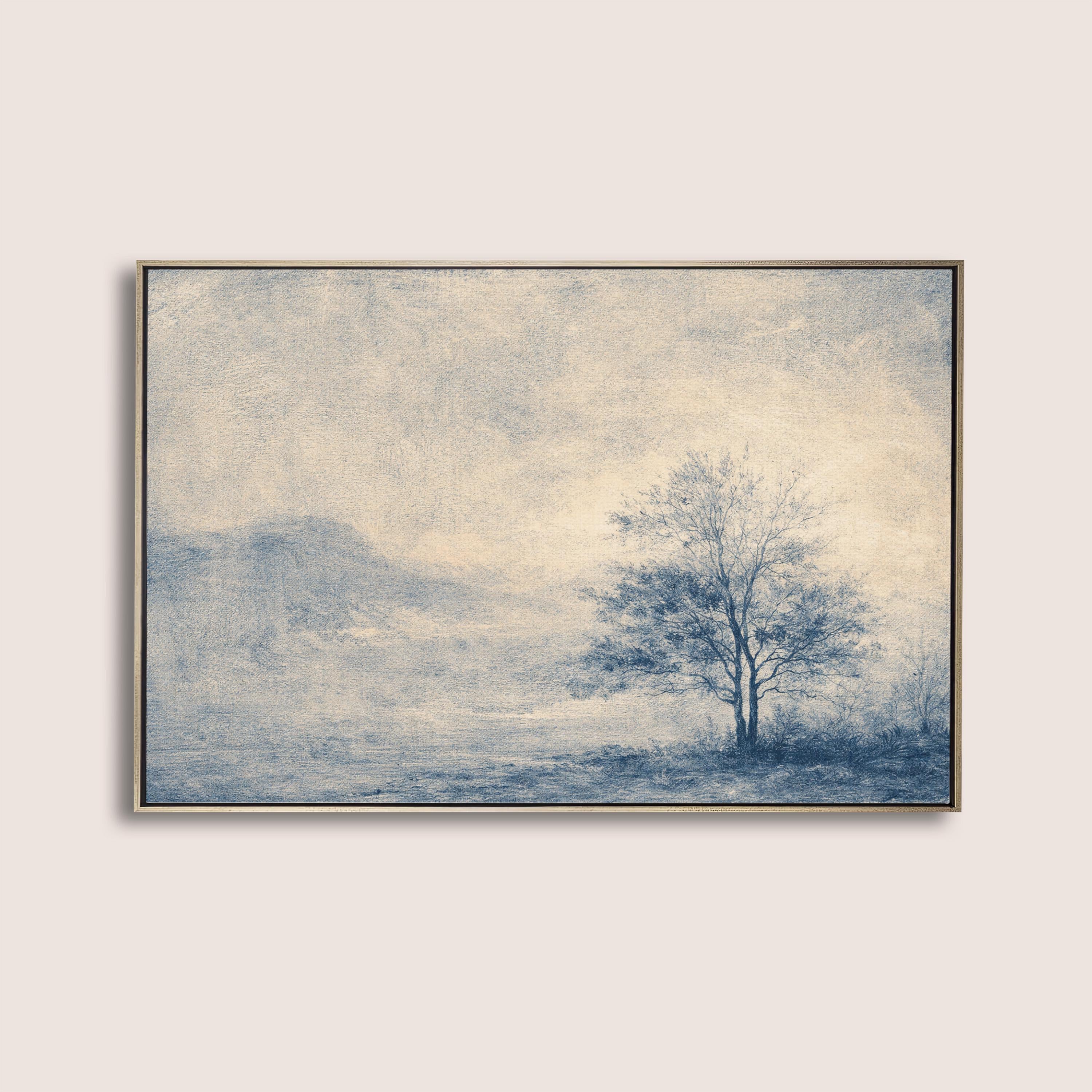 Blue Landscape Wall Art Print, Neutral Wall Decor for Living Room, Vintage Minimalist Canvas Art