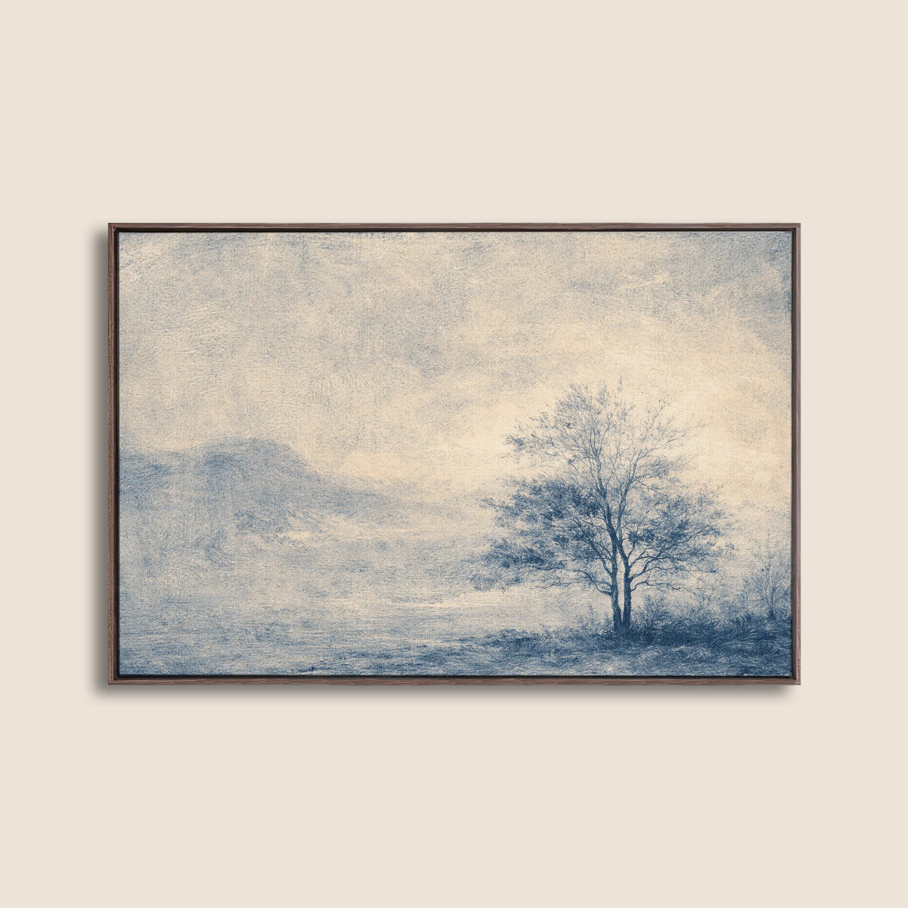 Blue Landscape Wall Art Print, Neutral Wall Decor for Living Room, Vintage Minimalist Canvas Art