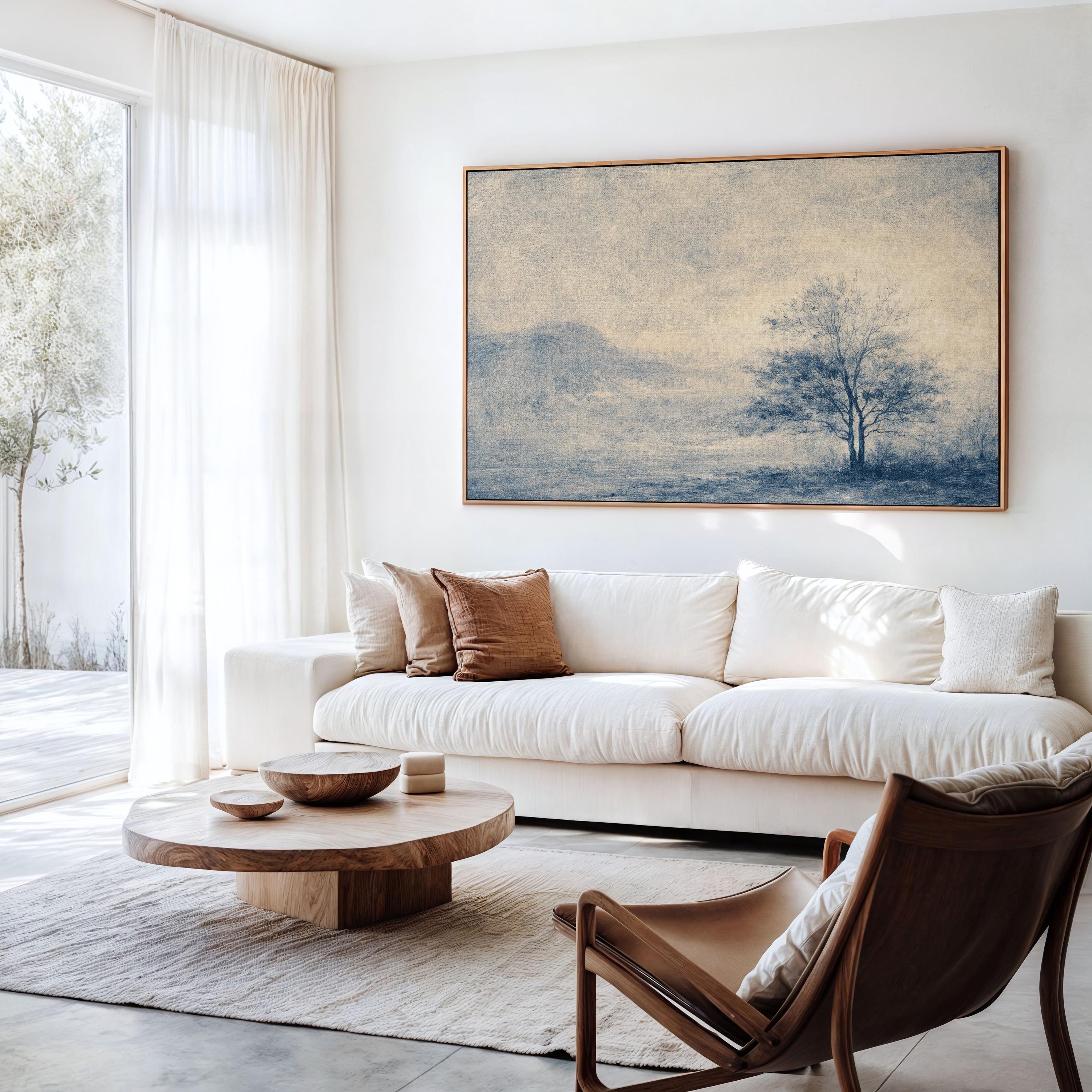 Blue Landscape Wall Art Print, Neutral Wall Decor for Living Room, Vintage Minimalist Canvas Art