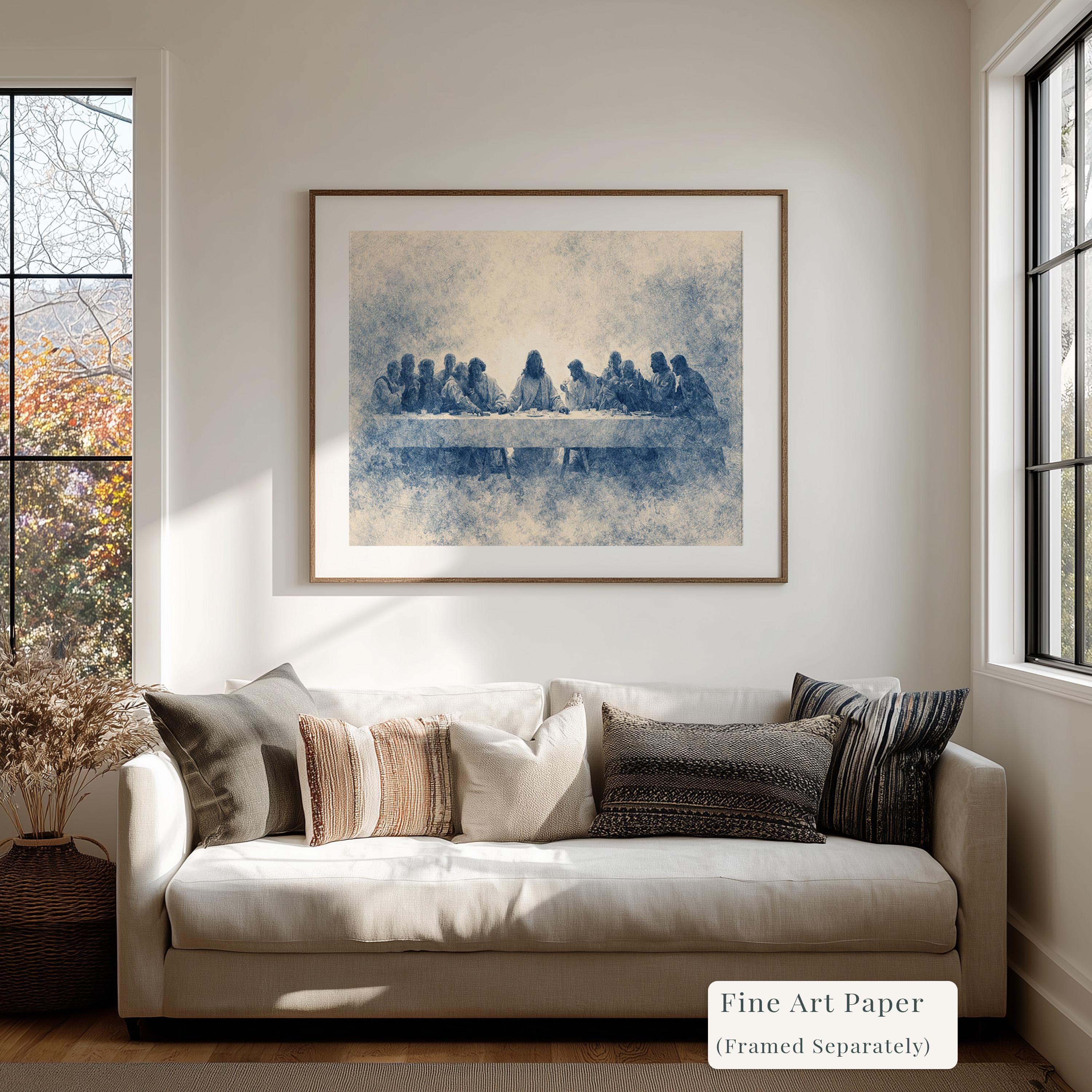 Last Supper Wall Art Print, Blue Vintage Christian Canvas, Neutral Religious Wall Decor, Large Biblical Artwork for Dining Room
