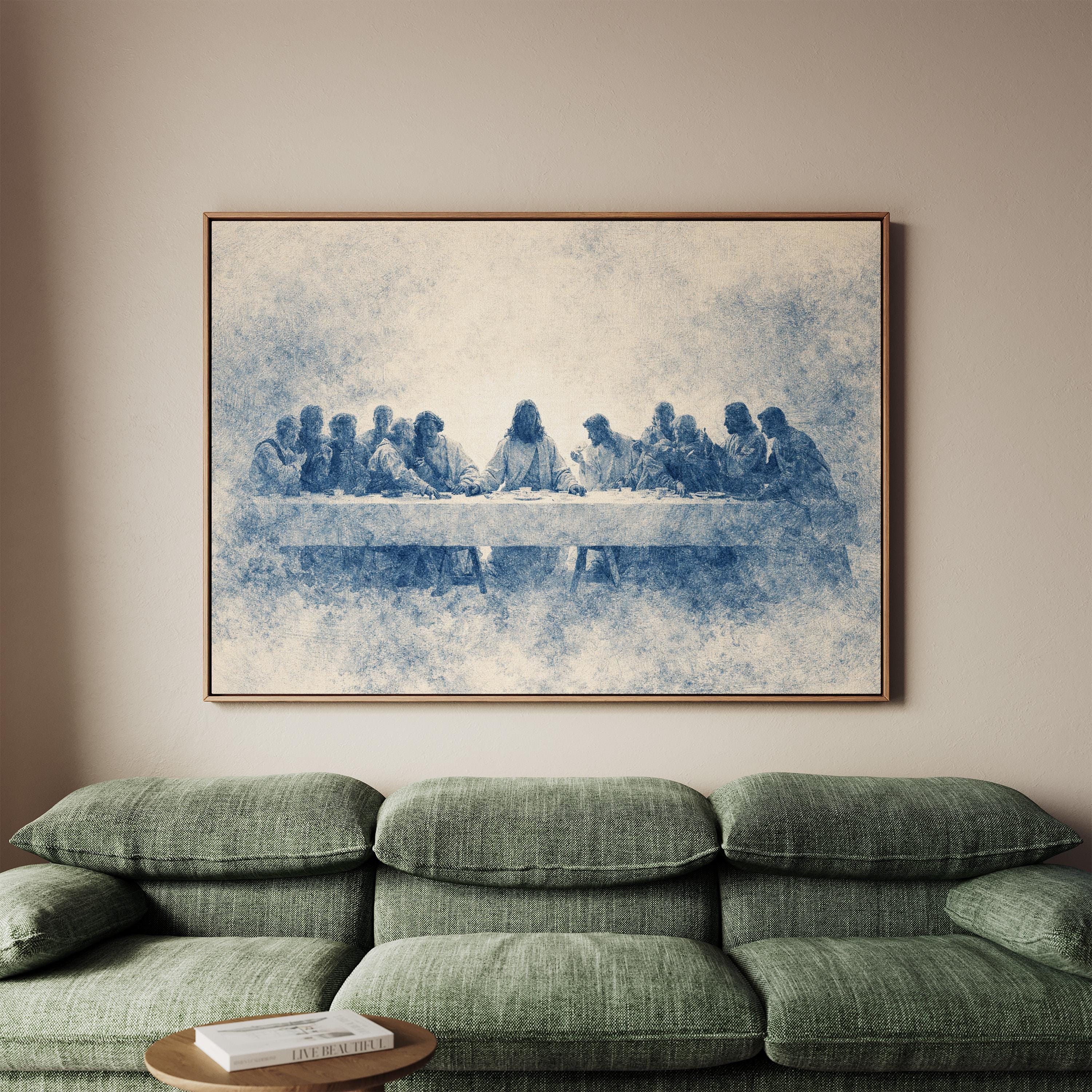 Last Supper Wall Art Print, Blue Vintage Christian Canvas, Neutral Religious Wall Decor, Large Biblical Artwork for Dining Room