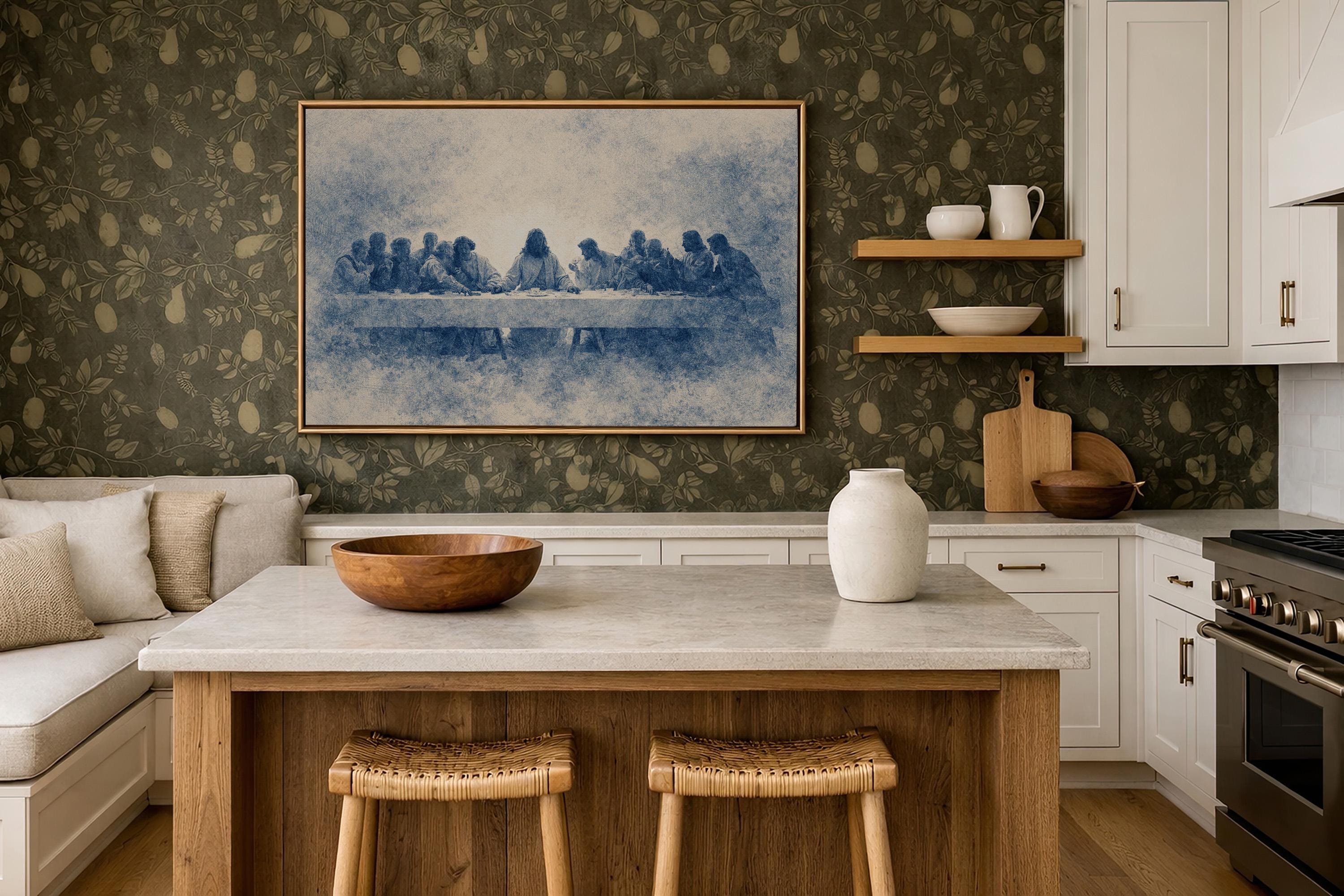 Last Supper Wall Art Print, Blue Vintage Christian Canvas, Neutral Religious Wall Decor, Large Biblical Artwork for Dining Room