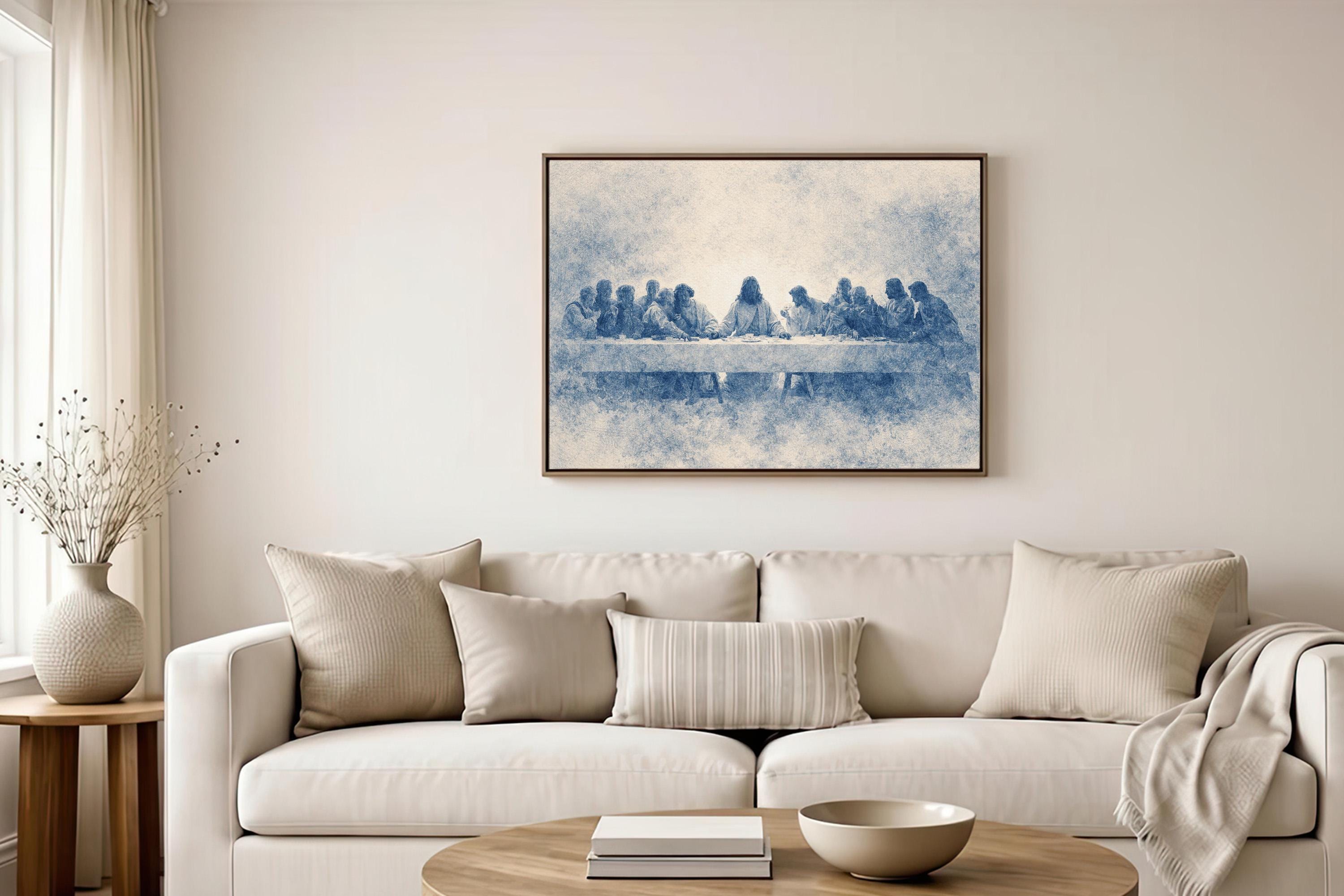 Last Supper Wall Art Print, Blue Vintage Christian Canvas, Neutral Religious Wall Decor, Large Biblical Artwork for Dining Room