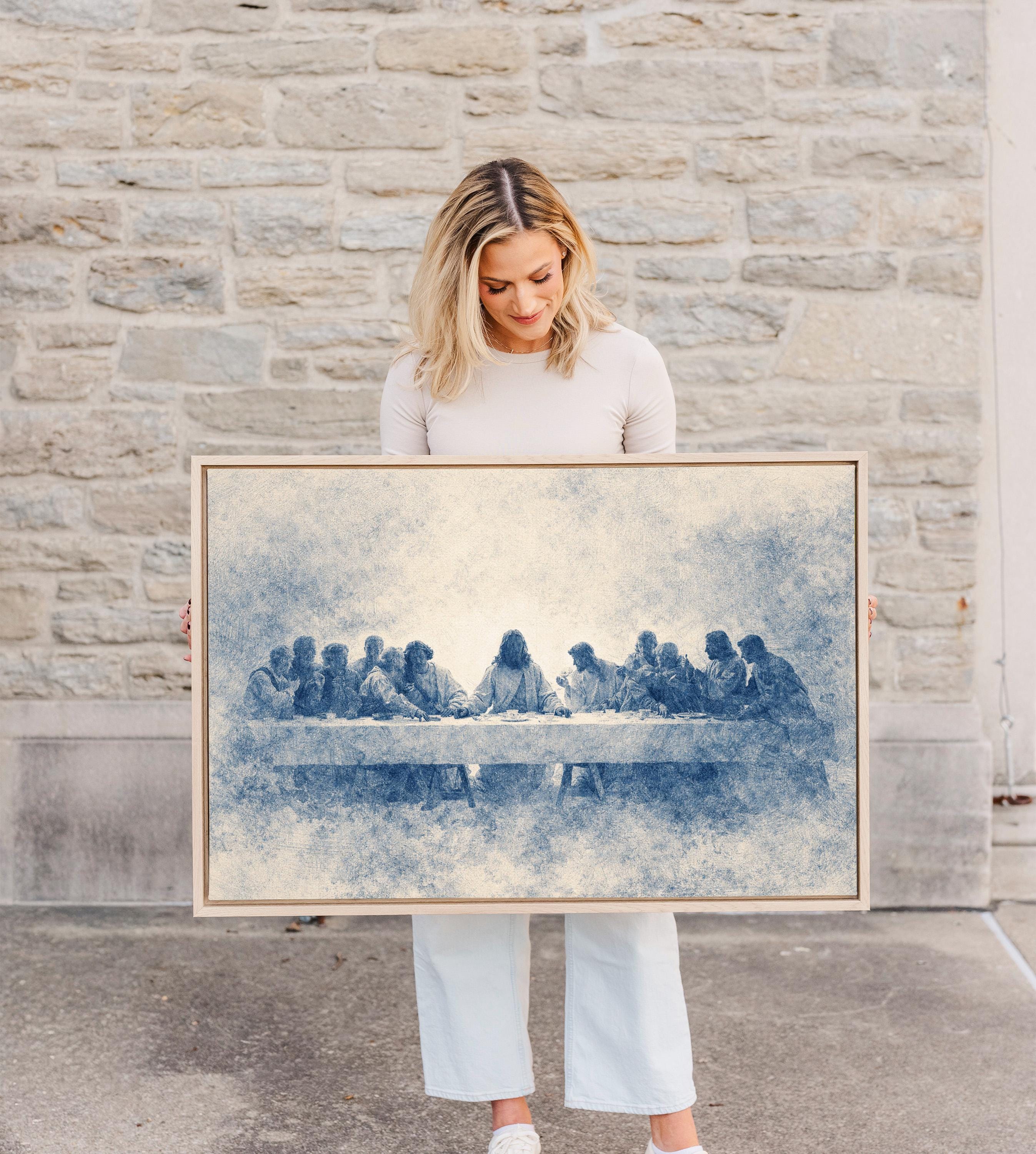 Last Supper Wall Art Print, Blue Vintage Christian Canvas, Neutral Religious Wall Decor, Large Biblical Artwork for Dining Room