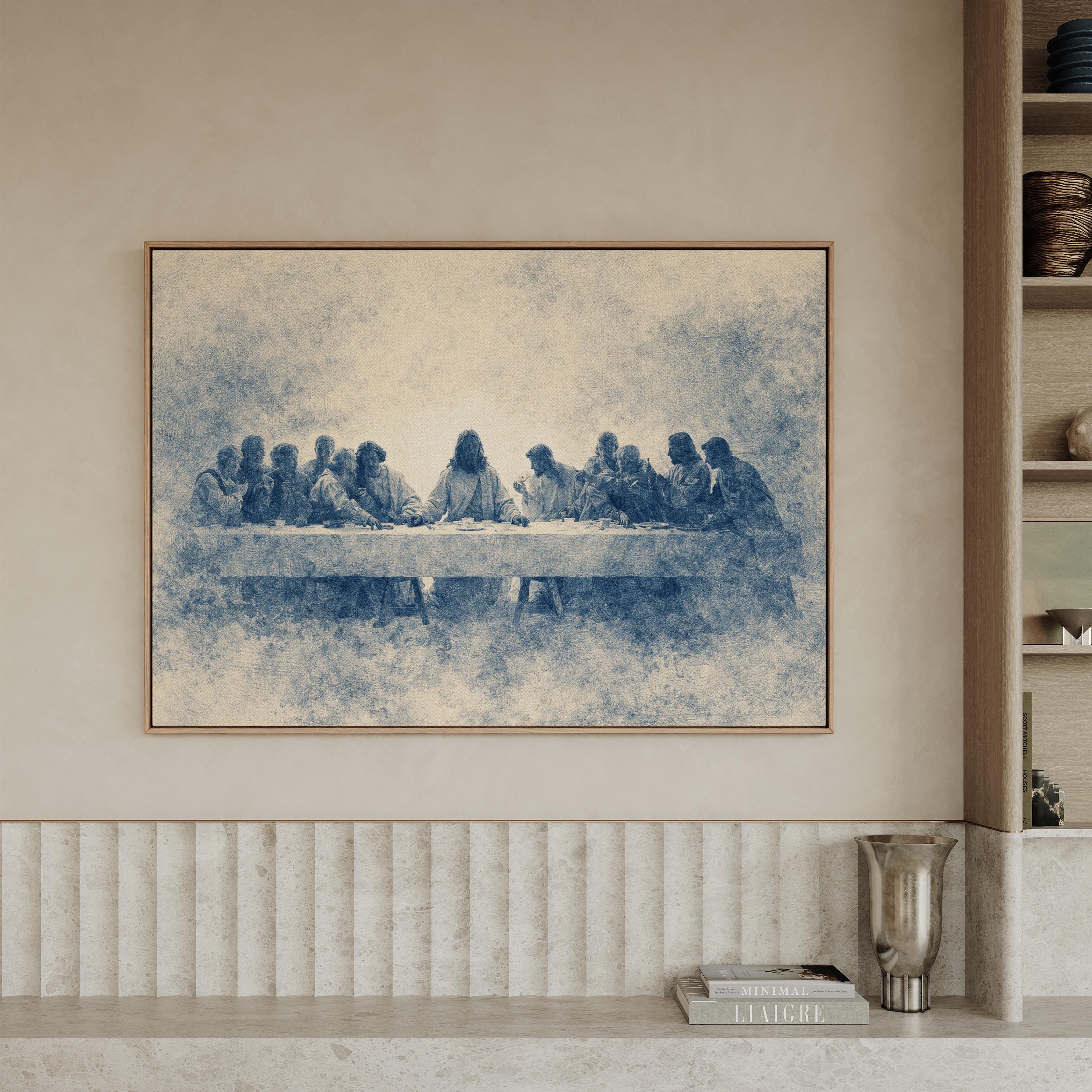 Last Supper Wall Art Print, Blue Vintage Christian Canvas, Neutral Religious Wall Decor, Large Biblical Artwork for Dining Room