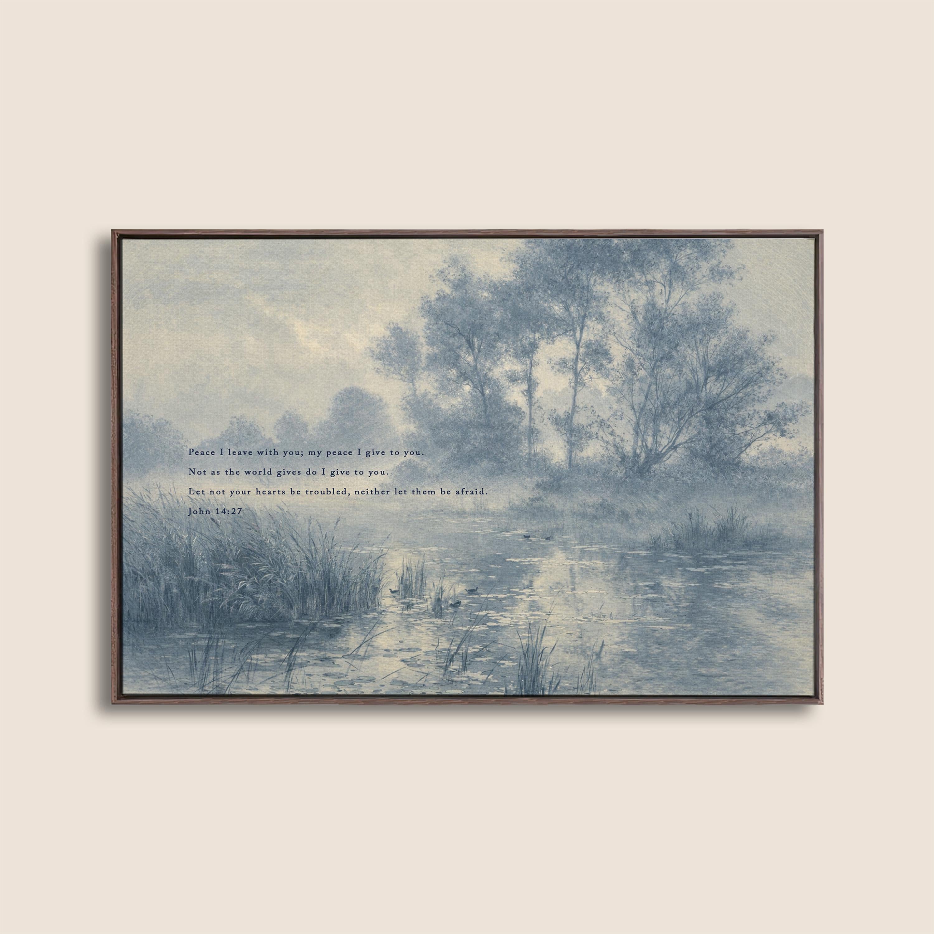 John 14:27 Bible Verse Wall Art, Peace I Leave with You Scripture Print, Blue Vintage Landscape Christian Home Decor, Neutral Faith Art