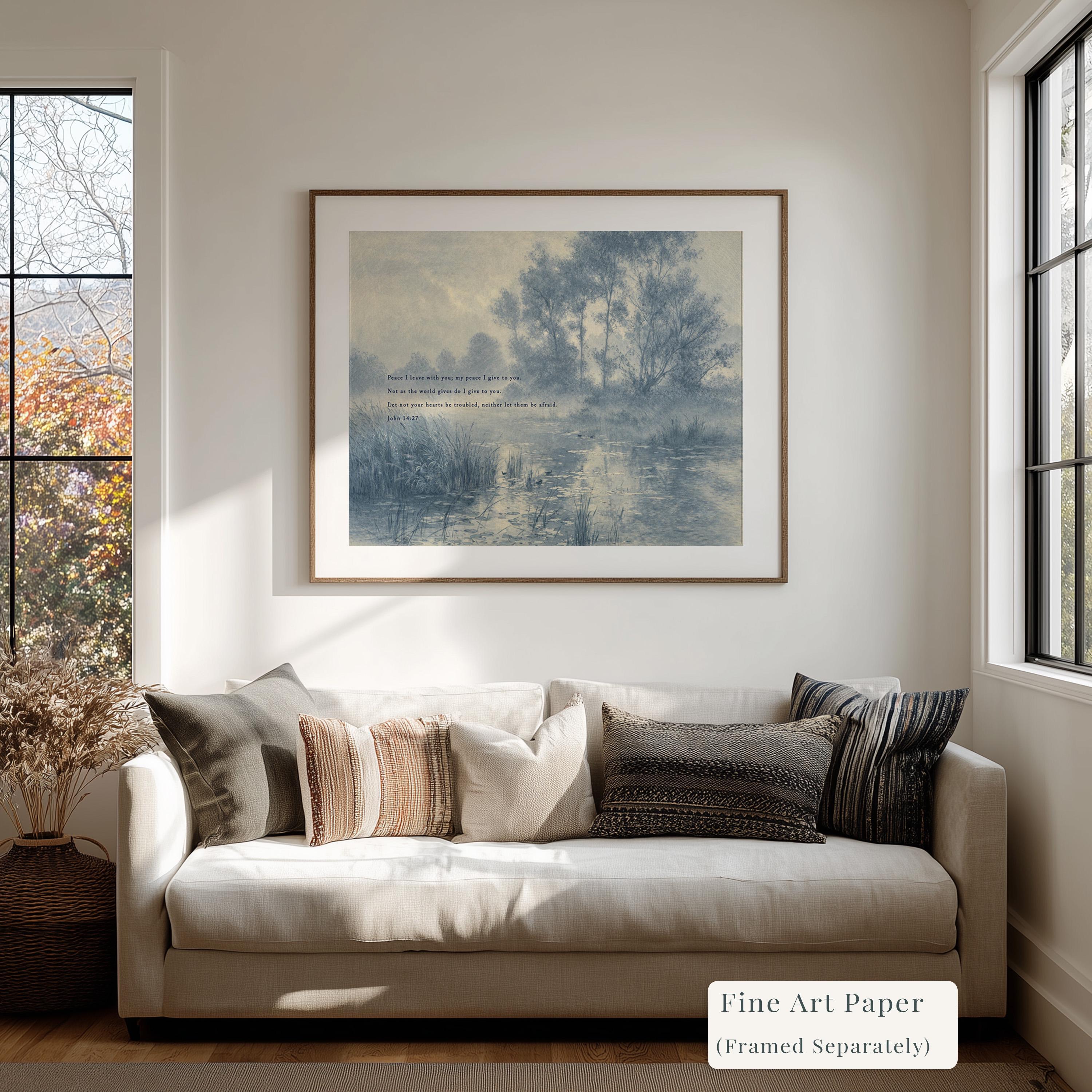 John 14:27 Bible Verse Wall Art, Peace I Leave with You Scripture Print, Blue Vintage Landscape Christian Home Decor, Neutral Faith Art
