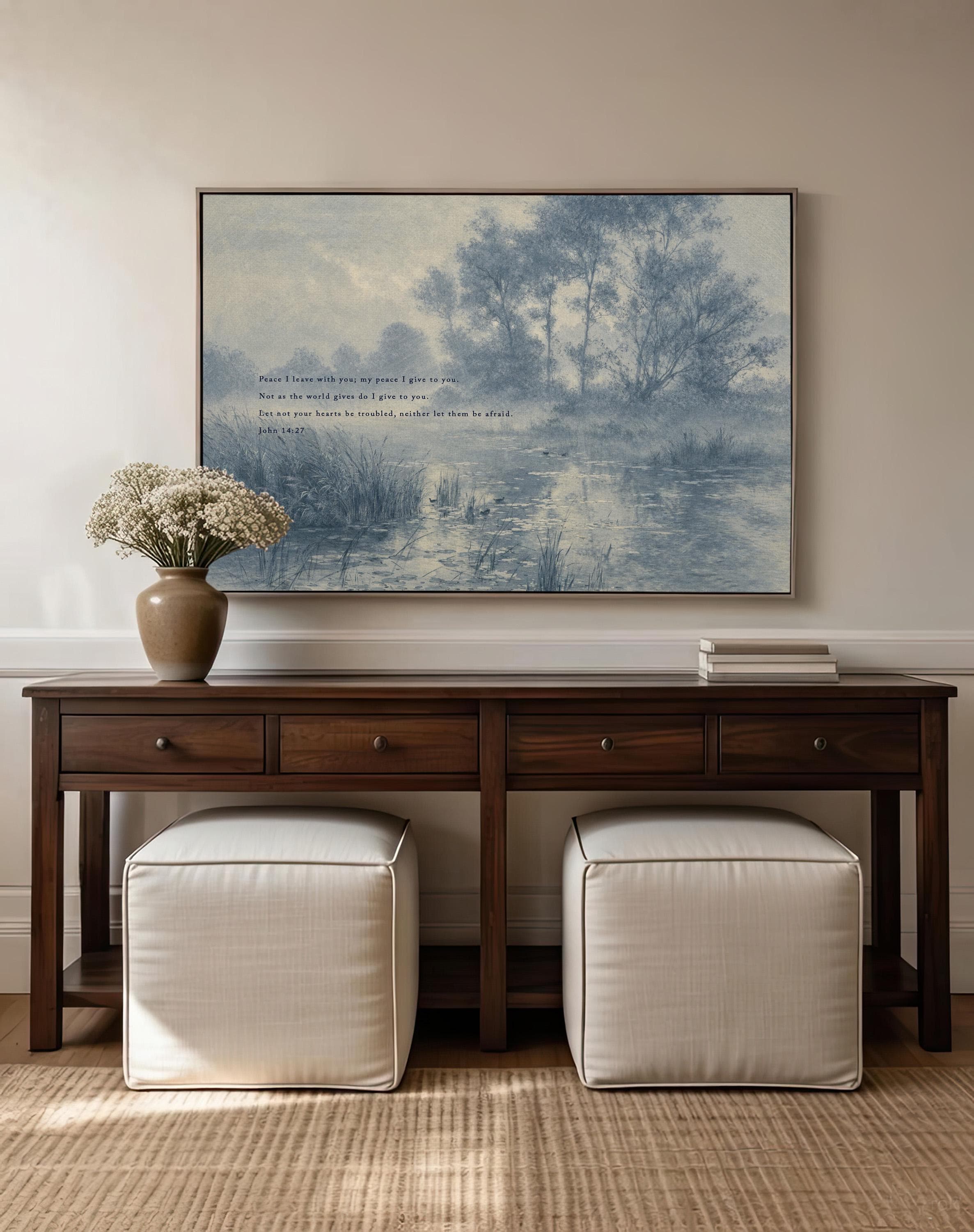 John 14:27 Bible Verse Wall Art, Peace I Leave with You Scripture Print, Blue Vintage Landscape Christian Home Decor, Neutral Faith Art