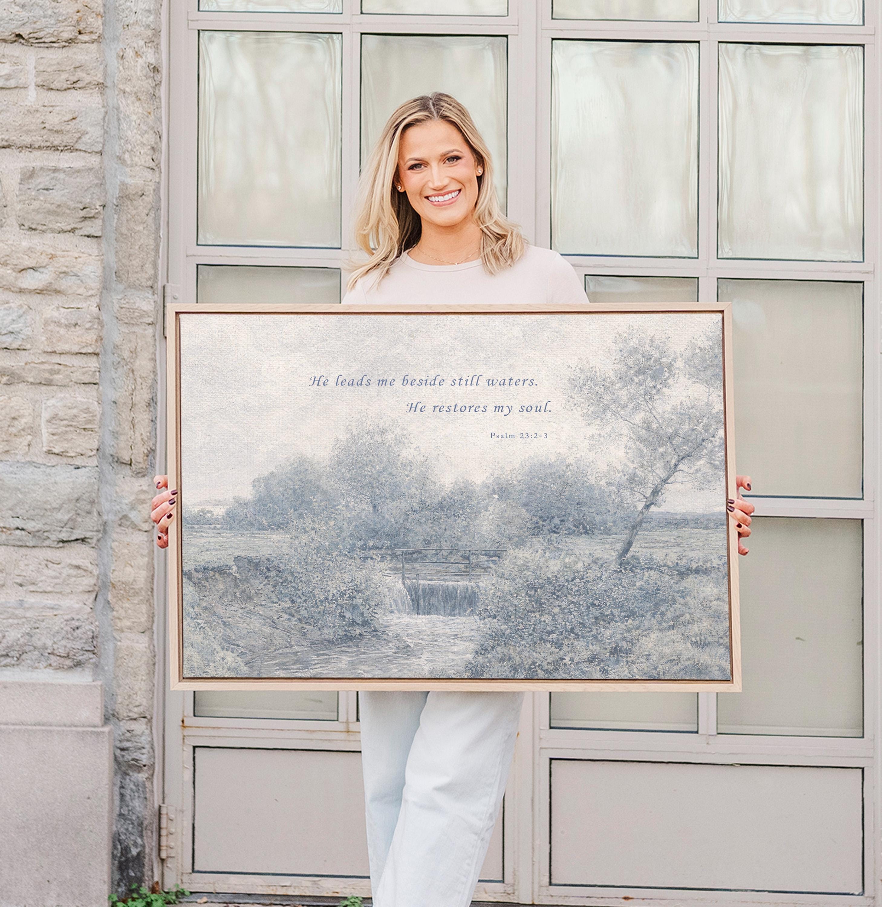 Psalm 23:2-3 Wall Art, He Leads Me Beside Still Waters Print, Blue Vintage Christian Landscape, Neutral Faith Nursery Decor