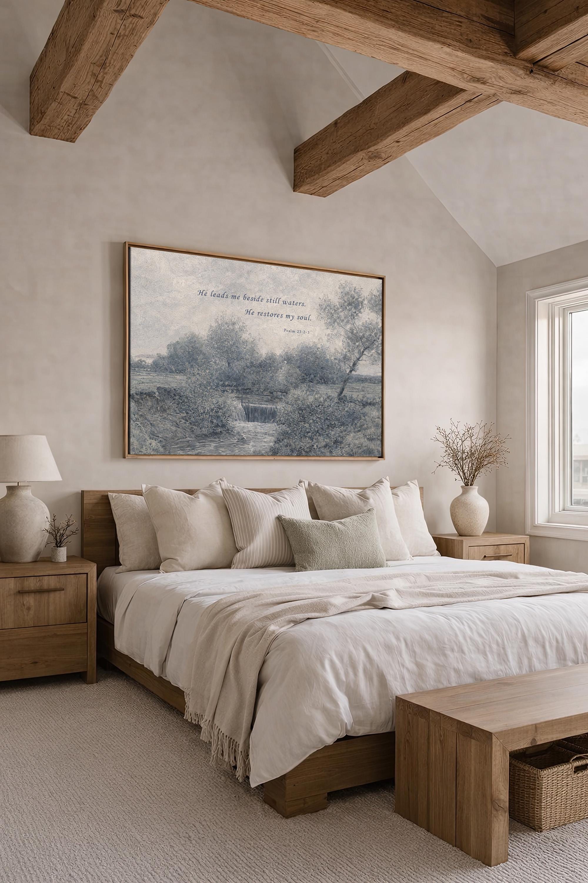 Psalm 23:2-3 Wall Art, He Leads Me Beside Still Waters Print, Blue Vintage Christian Landscape, Neutral Faith Nursery Decor
