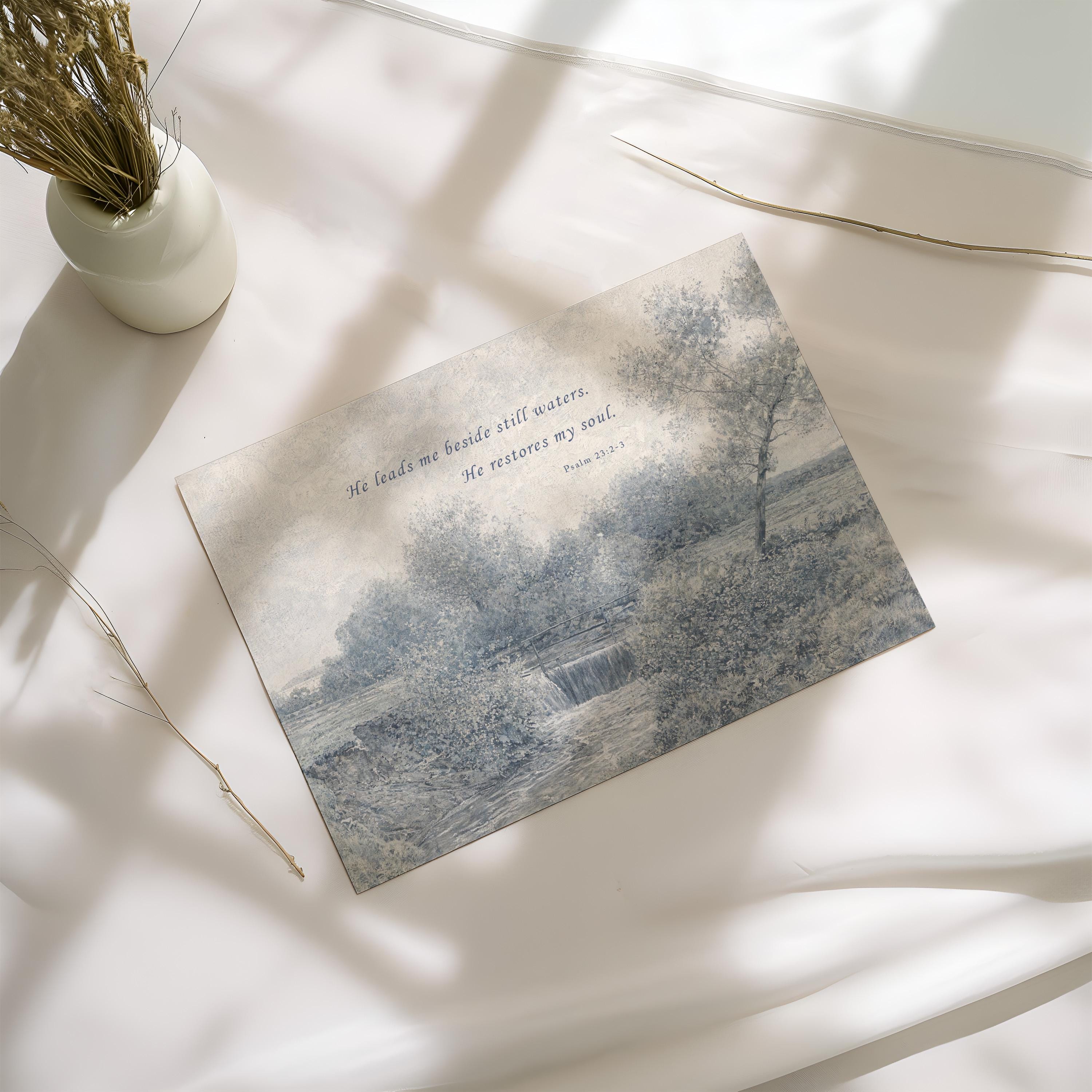 Psalm 23:2-3 Wall Art, He Leads Me Beside Still Waters Print, Blue Vintage Christian Landscape, Neutral Faith Nursery Decor