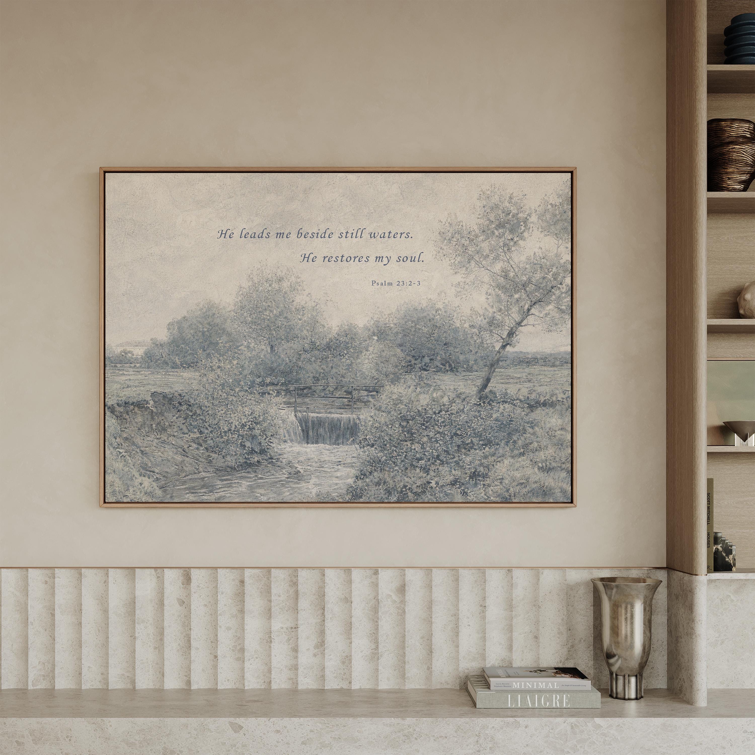 Psalm 23:2-3 Wall Art, He Leads Me Beside Still Waters Print, Blue Vintage Christian Landscape, Neutral Faith Nursery Decor