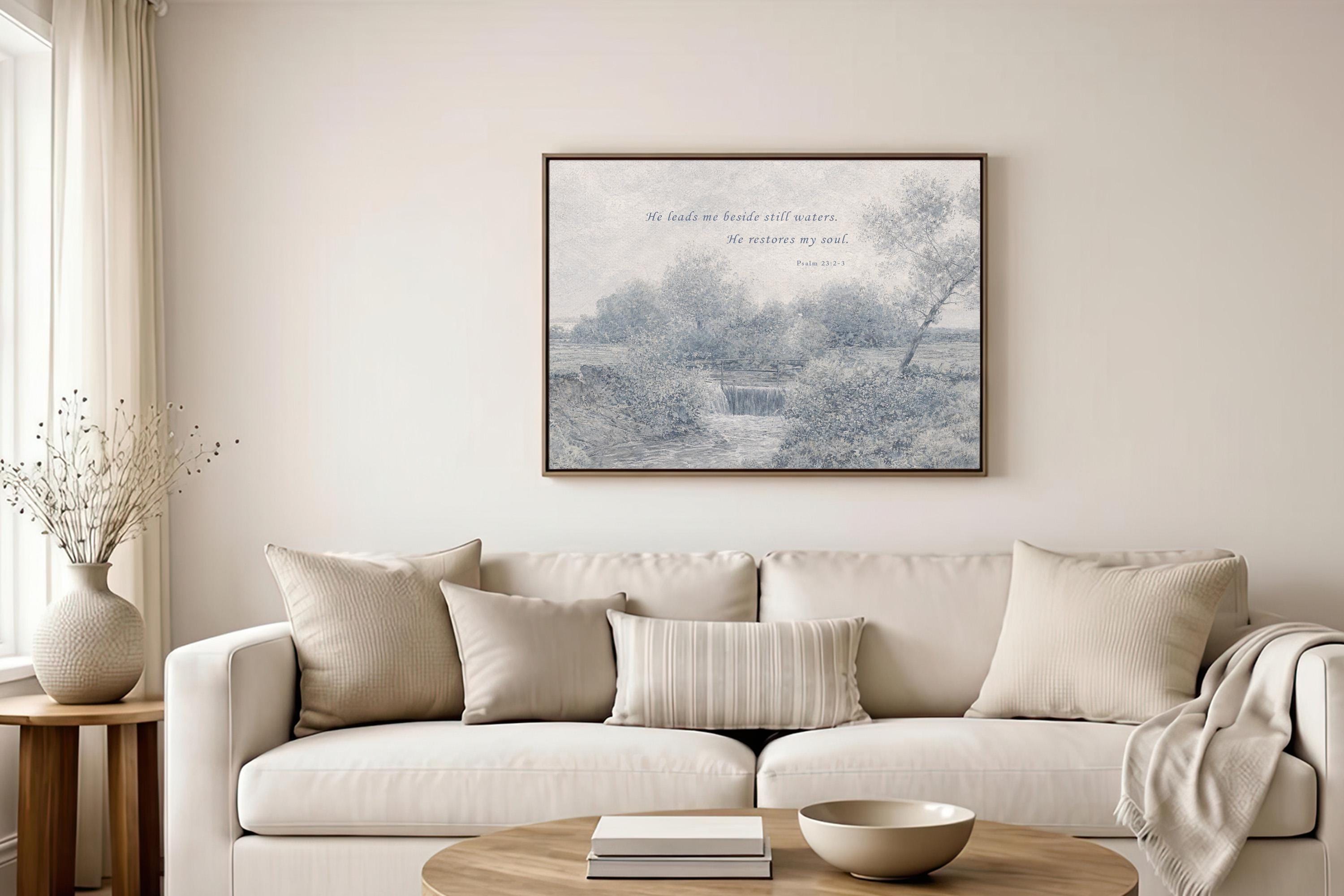 Psalm 23:2-3 Wall Art, He Leads Me Beside Still Waters Print, Blue Vintage Christian Landscape, Neutral Faith Nursery Decor