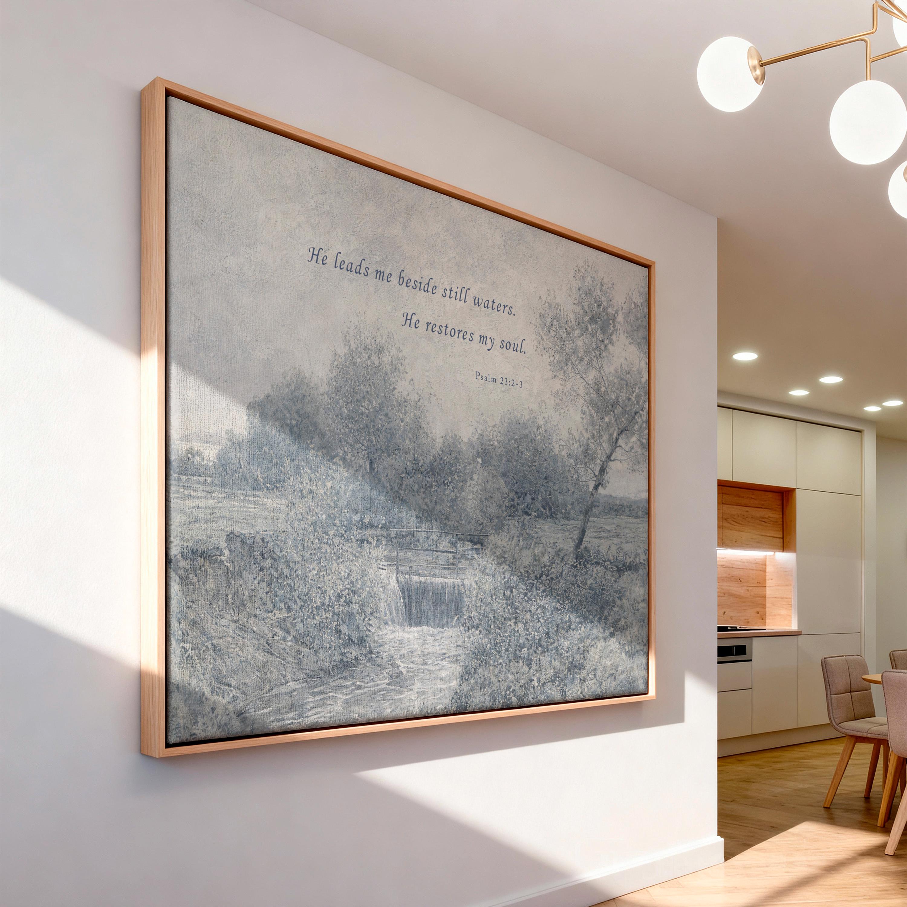 Psalm 23:2-3 Wall Art, He Leads Me Beside Still Waters Print, Blue Vintage Christian Landscape, Neutral Faith Nursery Decor