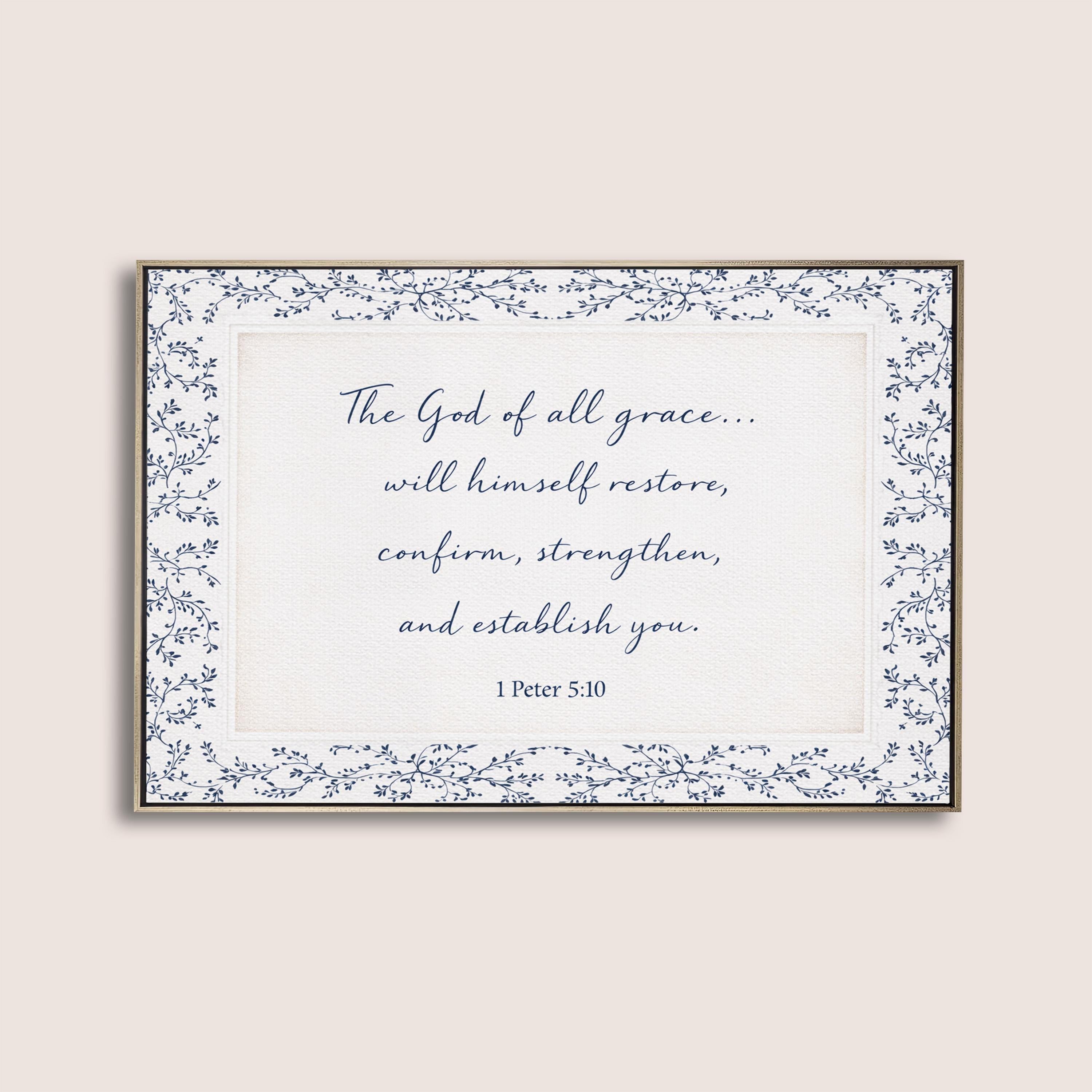 1 Peter 5:10 Wall Art, The God of All Grace Scripture Print, Navy Blue Christian Wall Decor, Elegant Faith Home Artwork