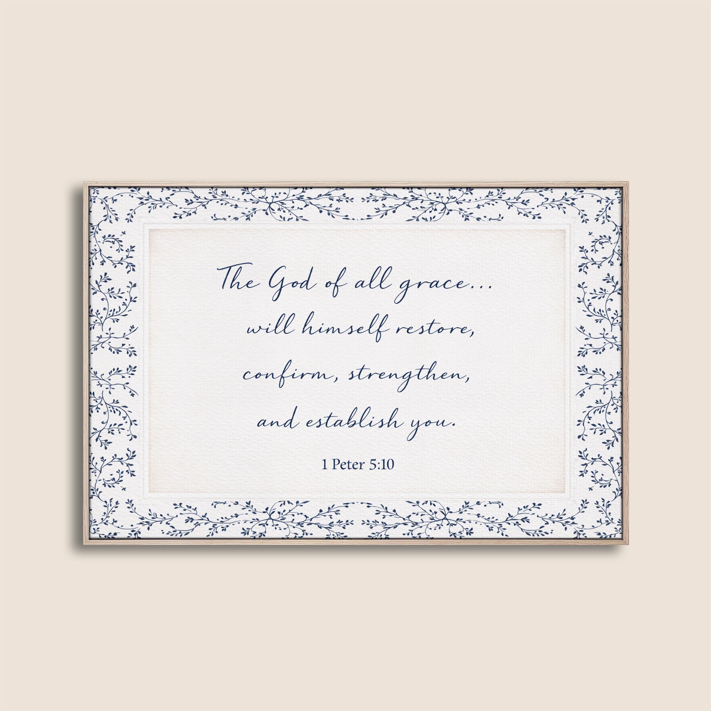 1 Peter 5:10 Wall Art, The God of All Grace Scripture Print, Navy Blue Christian Wall Decor, Elegant Faith Home Artwork