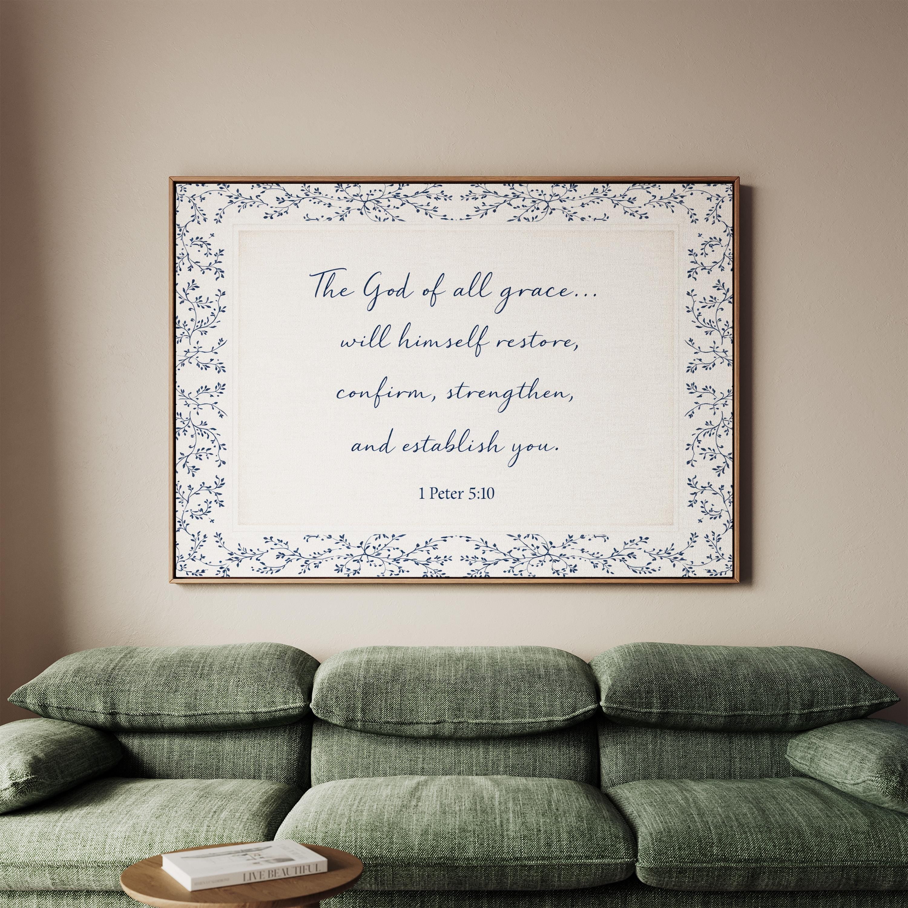 1 Peter 5:10 Wall Art, The God of All Grace Scripture Print, Navy Blue Christian Wall Decor, Elegant Faith Home Artwork