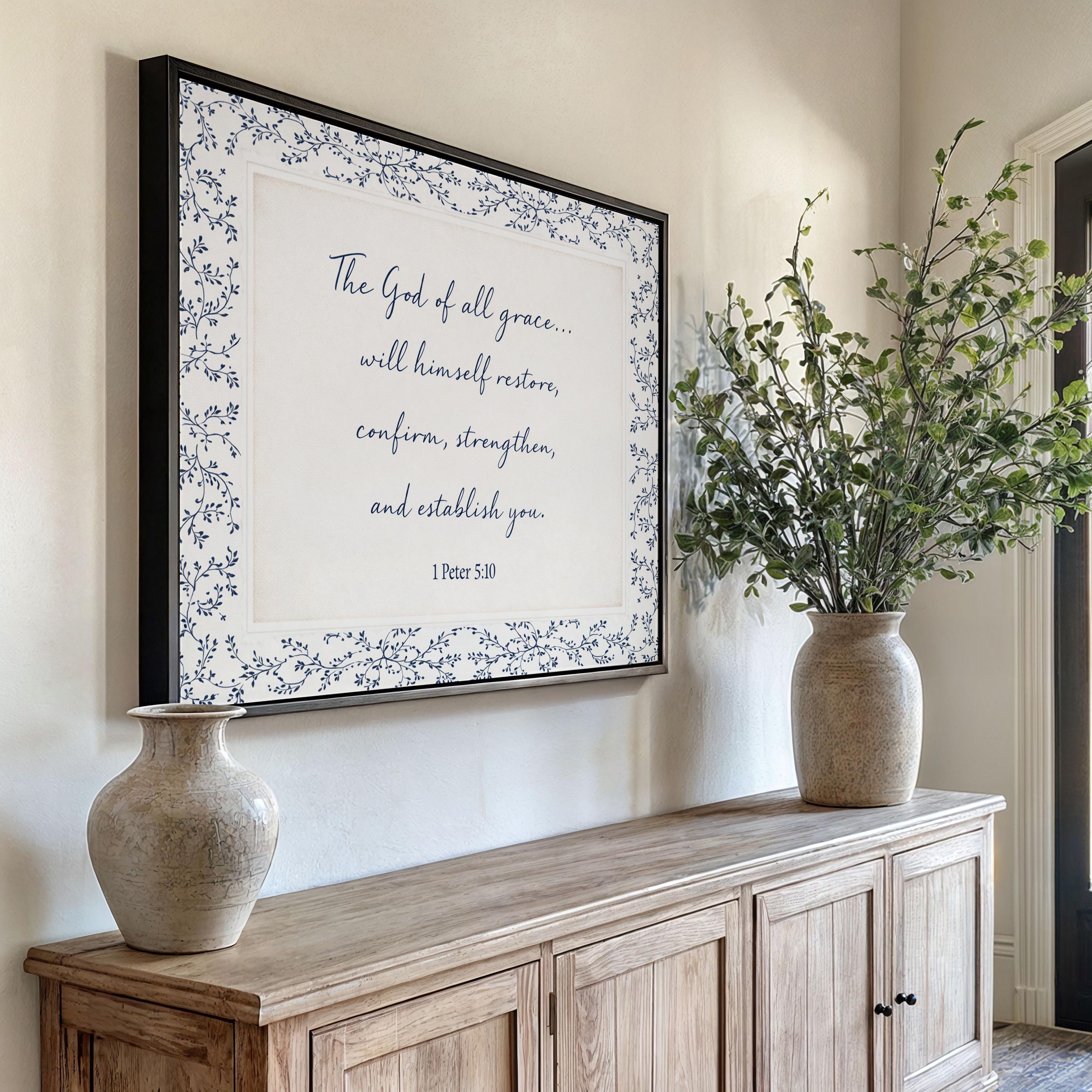 1 Peter 5:10 Wall Art, The God of All Grace Scripture Print, Navy Blue Christian Wall Decor, Elegant Faith Home Artwork