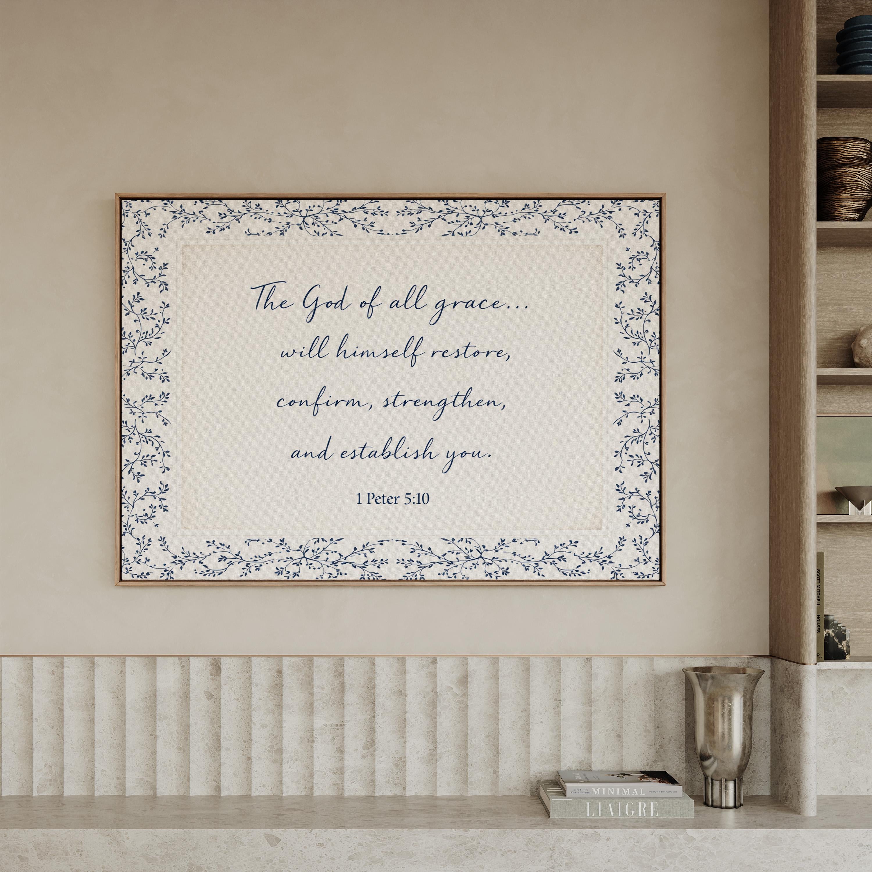 1 Peter 5:10 Wall Art, The God of All Grace Scripture Print, Navy Blue Christian Wall Decor, Elegant Faith Home Artwork
