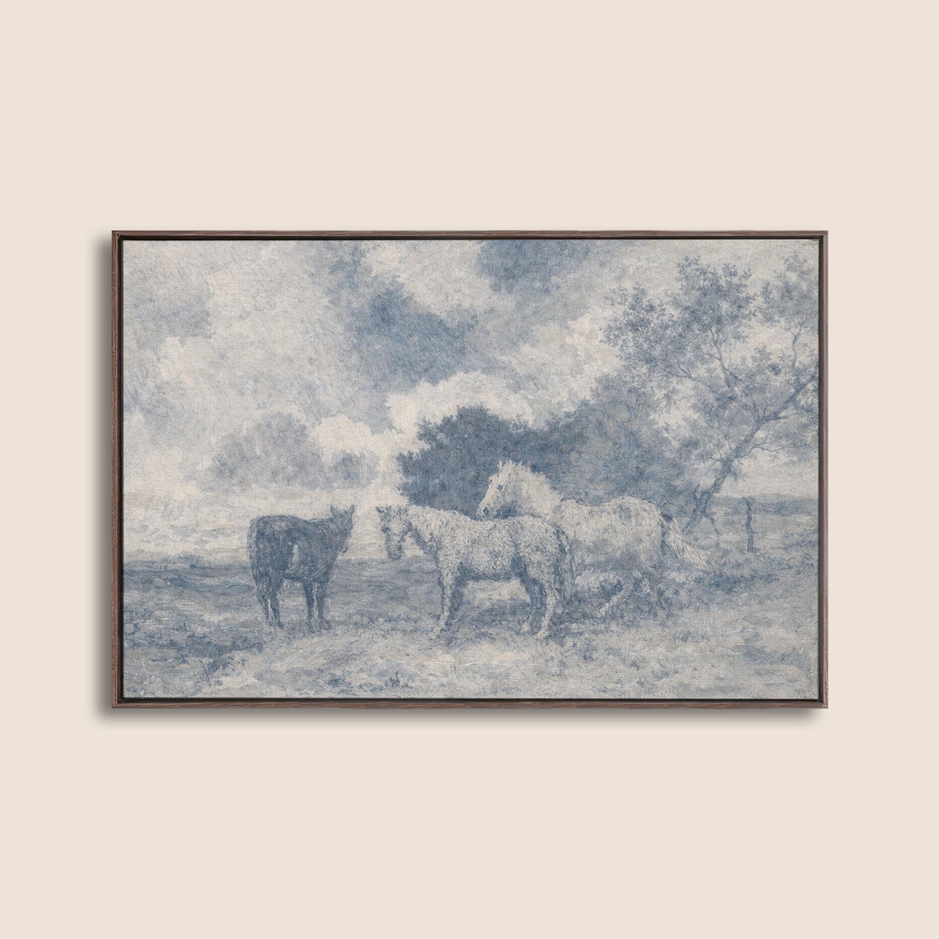 Blue Vintage Horse Wall Art – Neutral Equestrian Landscape Print – French Country Farmhouse Decor – Moody European Pastoral Artwork