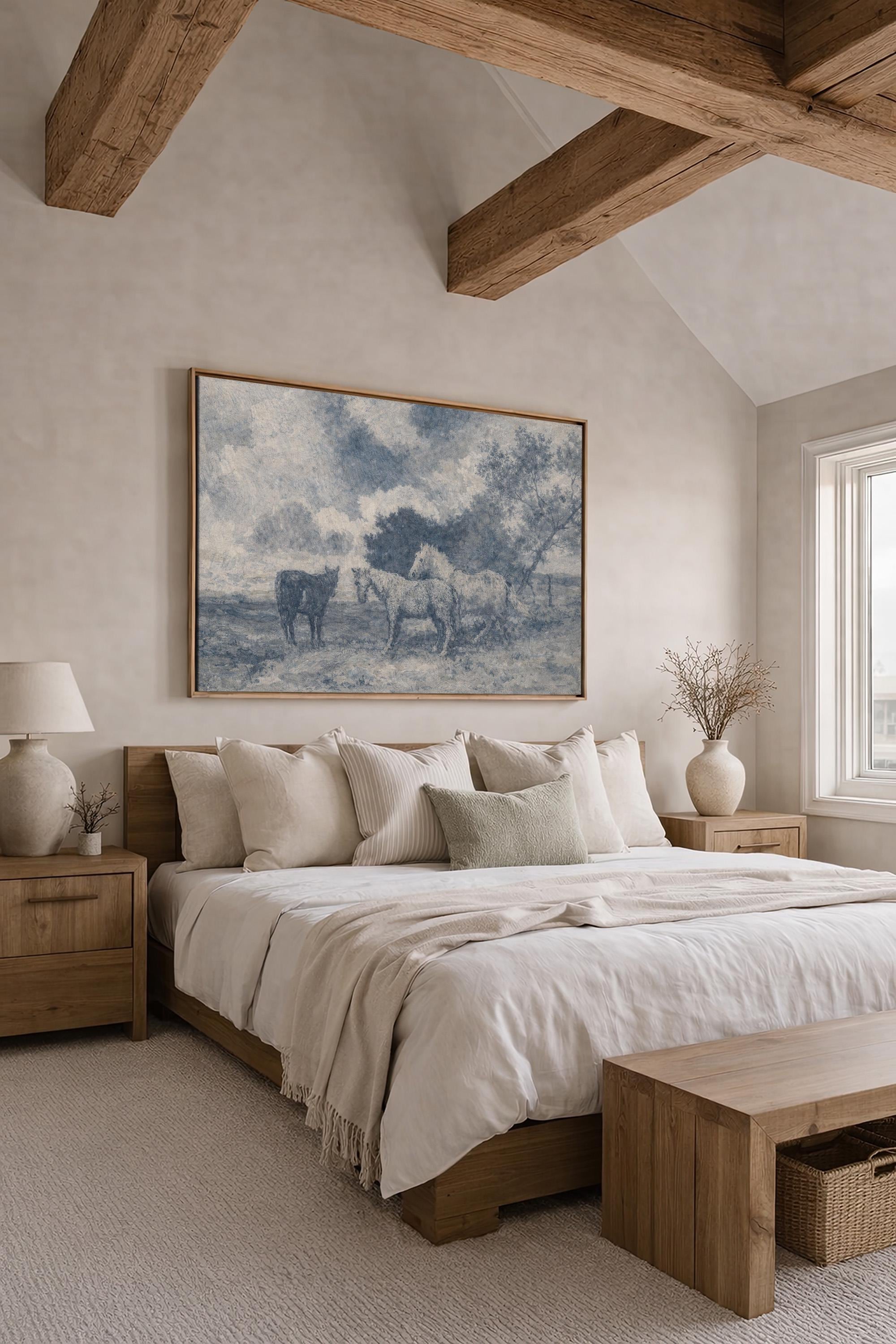 Blue Vintage Horse Wall Art – Neutral Equestrian Landscape Print – French Country Farmhouse Decor – Moody European Pastoral Artwork