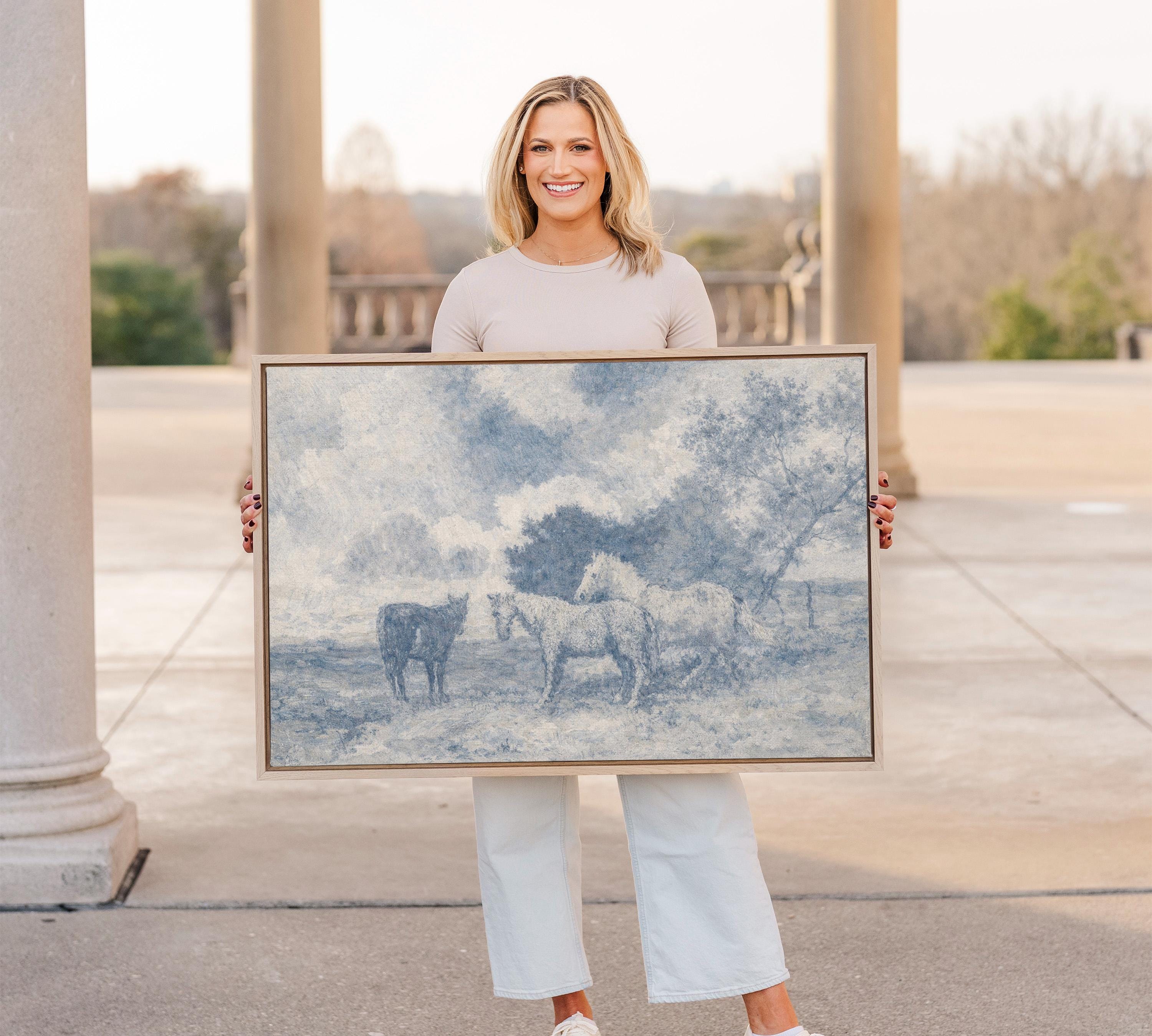 Blue Vintage Horse Wall Art – Neutral Equestrian Landscape Print – French Country Farmhouse Decor – Moody European Pastoral Artwork